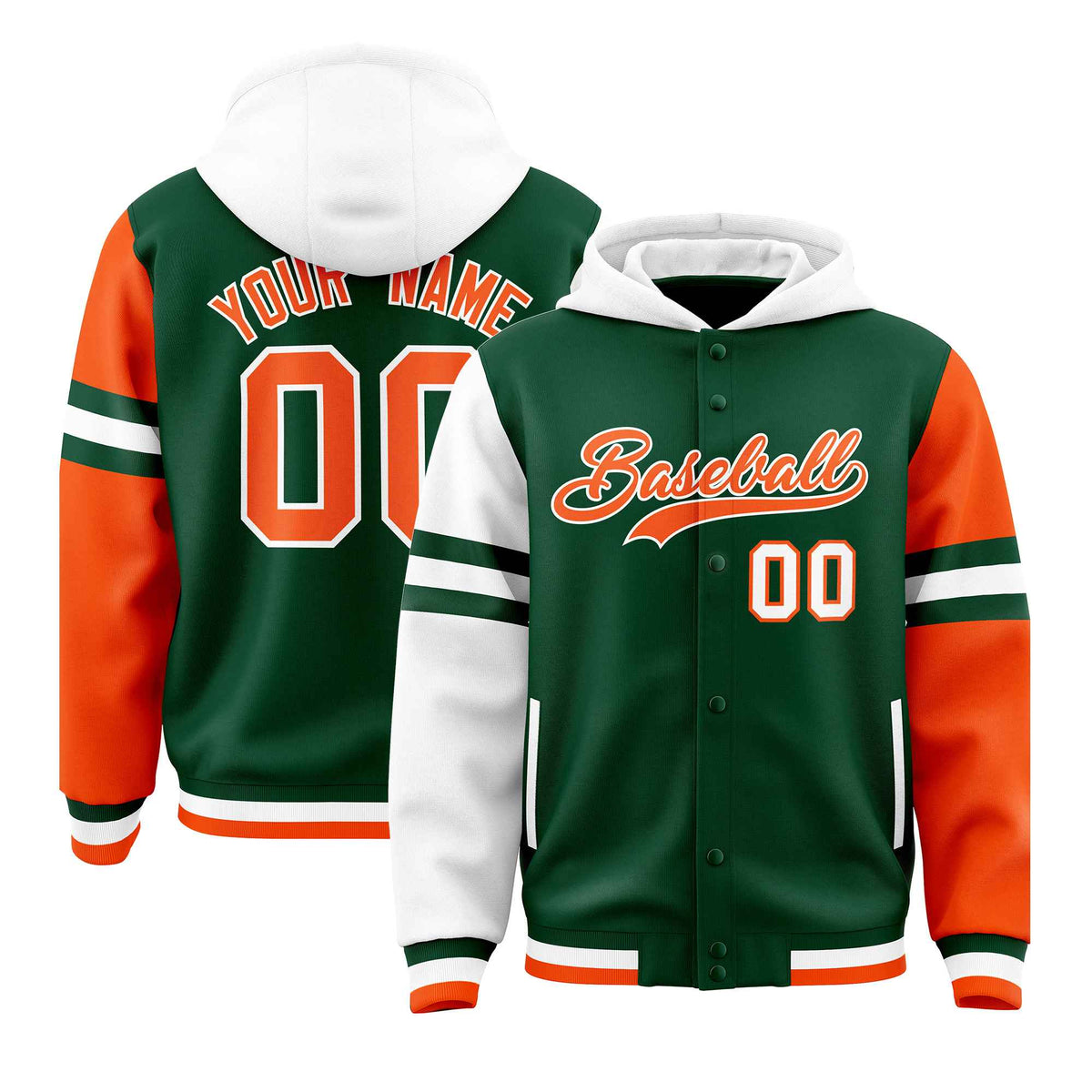 Custom Green White-Orange Raglan Sleeves Varsity Full-Snap Letterman Three Stripes Jacket Hoodie| KXKSHOP