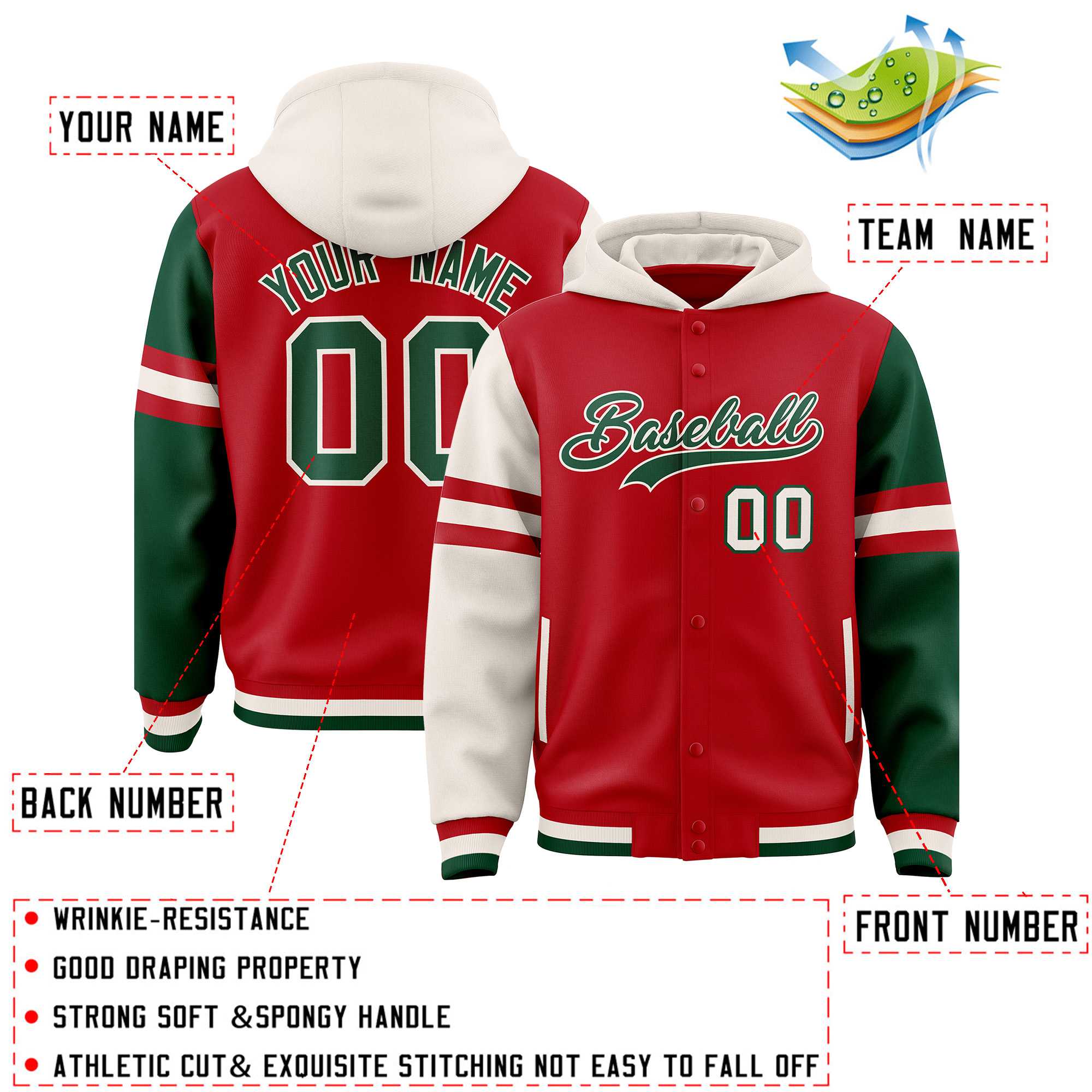 Custom Red Cream-Green Raglan Sleeves Varsity Full-Snap Letterman Three Stripes Jacket Hoodie| KXKSHOP