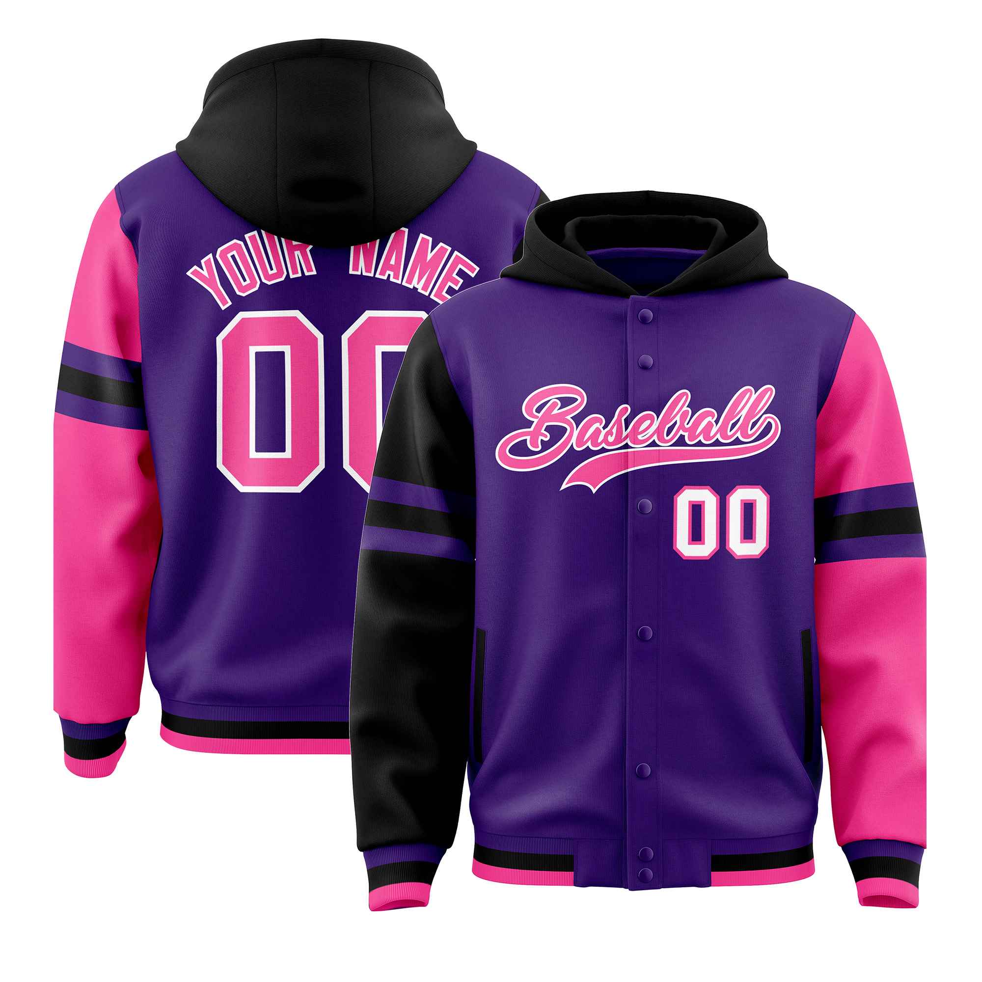 Custom Purple Black-Pink Raglan Sleeves Varsity Full-Snap Letterman Three Stripes Jacket Hoodie| KXKSHOP