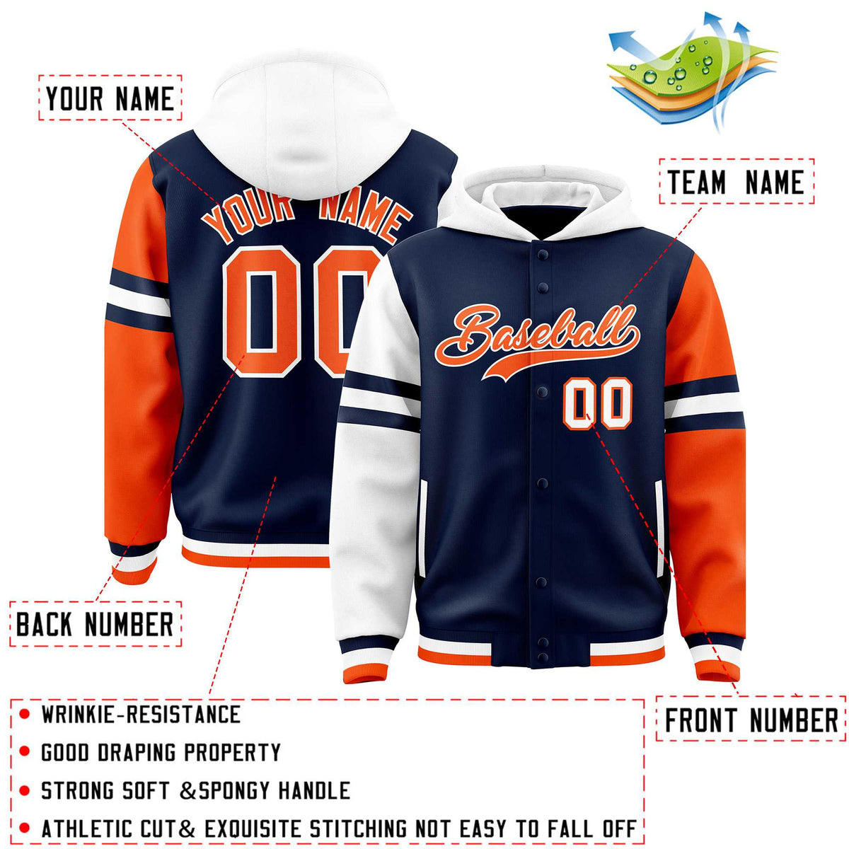 Custom Navy White-Orange Raglan Sleeves Varsity Full-Snap Letterman Three Stripes Jacket Hoodie| KXKSHOP