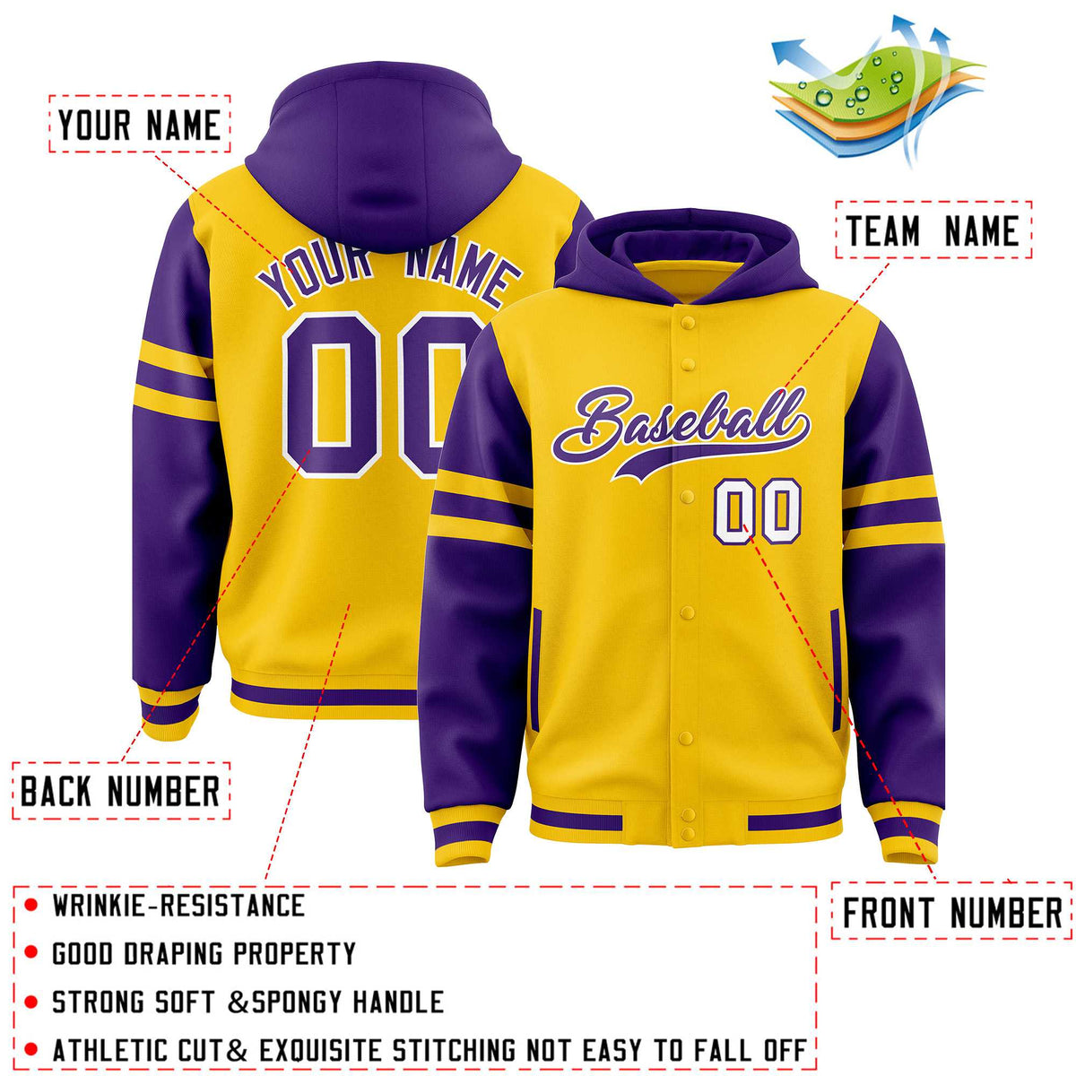 Custom Gold Purple Raglan Sleeves Varsity Full-Snap Letterman Three Stripes Jacket Hoodie| KXKSHOP