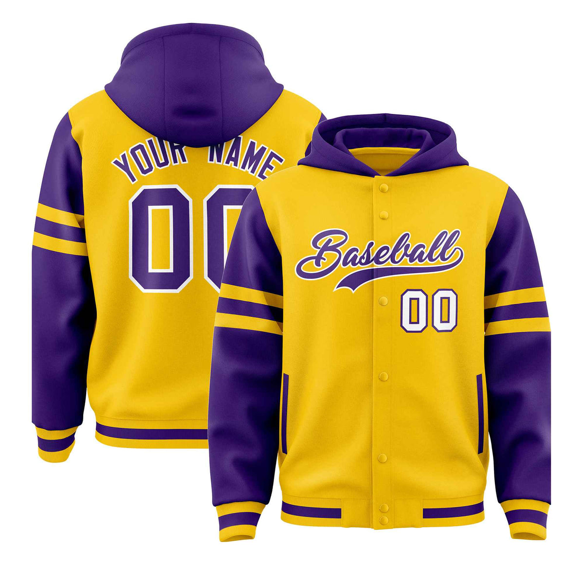 Custom Gold Purple Raglan Sleeves Varsity Full-Snap Letterman Three Stripes Jacket Hoodie| KXKSHOP