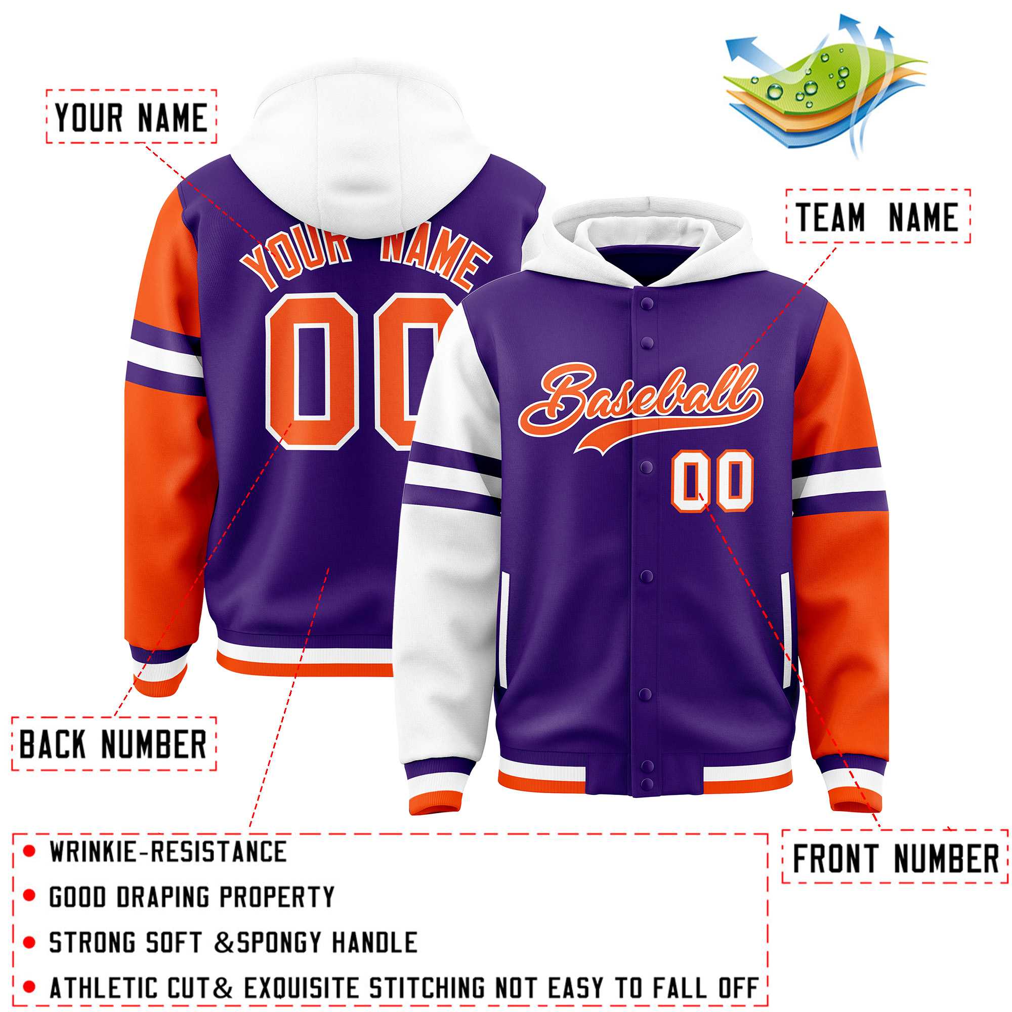 Custom Purple White-Orange Raglan Sleeves Varsity Full-Snap Letterman Three Stripes Jacket Hoodie| KXKSHOP