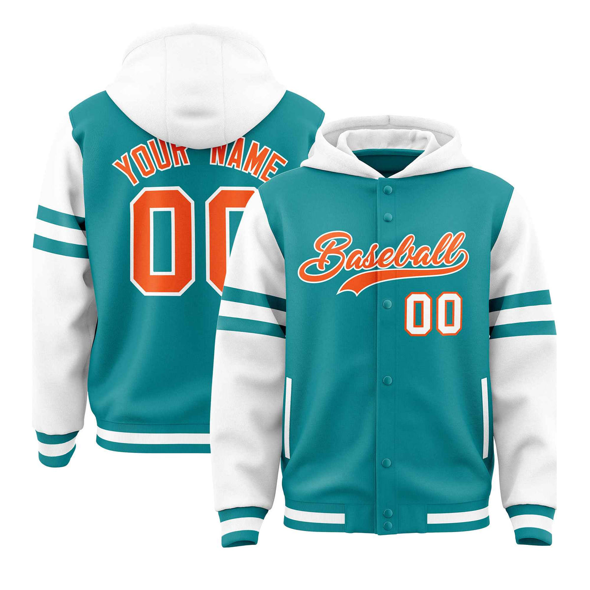 Custom Aqua White Raglan Sleeves Varsity Full-Snap Letterman Three Stripes Jacket Hoodie| KXKSHOP