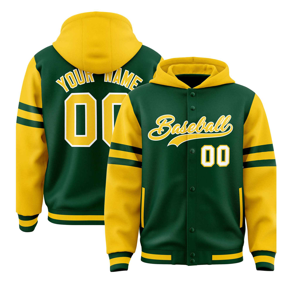 Custom Green Gold Raglan Sleeves Varsity Full-Snap Letterman Three Stripes Jacket Hoodie| KXKSHOP