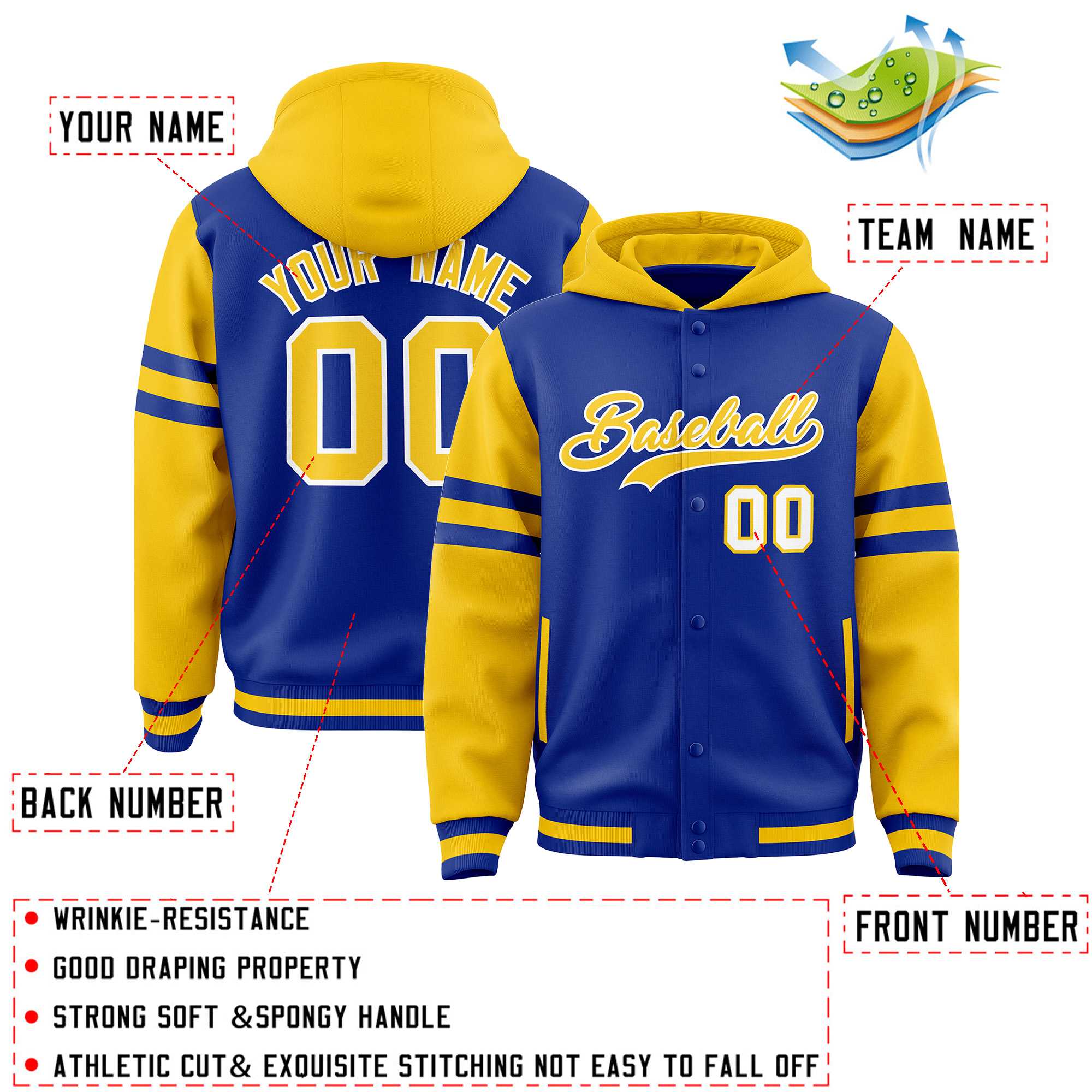 Custom Royal Gold Raglan Sleeves Varsity Full-Snap Letterman Three Stripes Jacket Hoodie| KXKSHOP