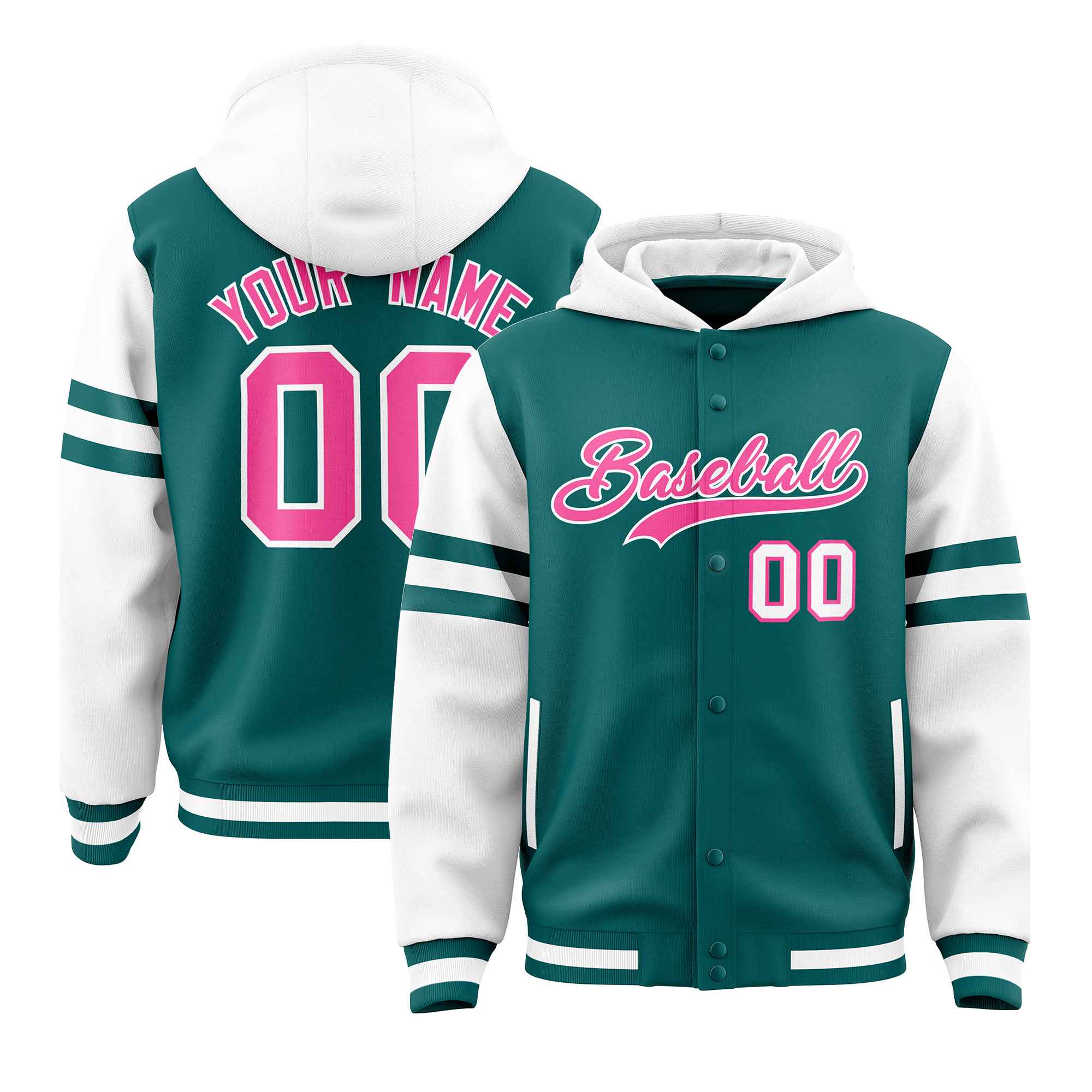 Custom Aqua White Raglan Sleeves Varsity Full-Snap Letterman Three Stripes Jacket Hoodie| KXKSHOP