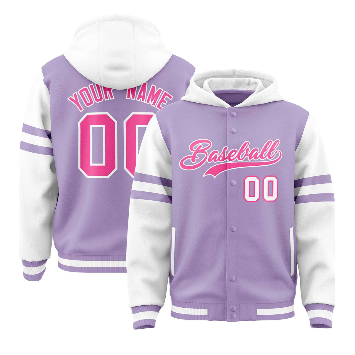 Custom Light Purple White Raglan Sleeves Varsity Full-Snap Letterman Three Stripes Jacket Hoodie| KXKSHOP