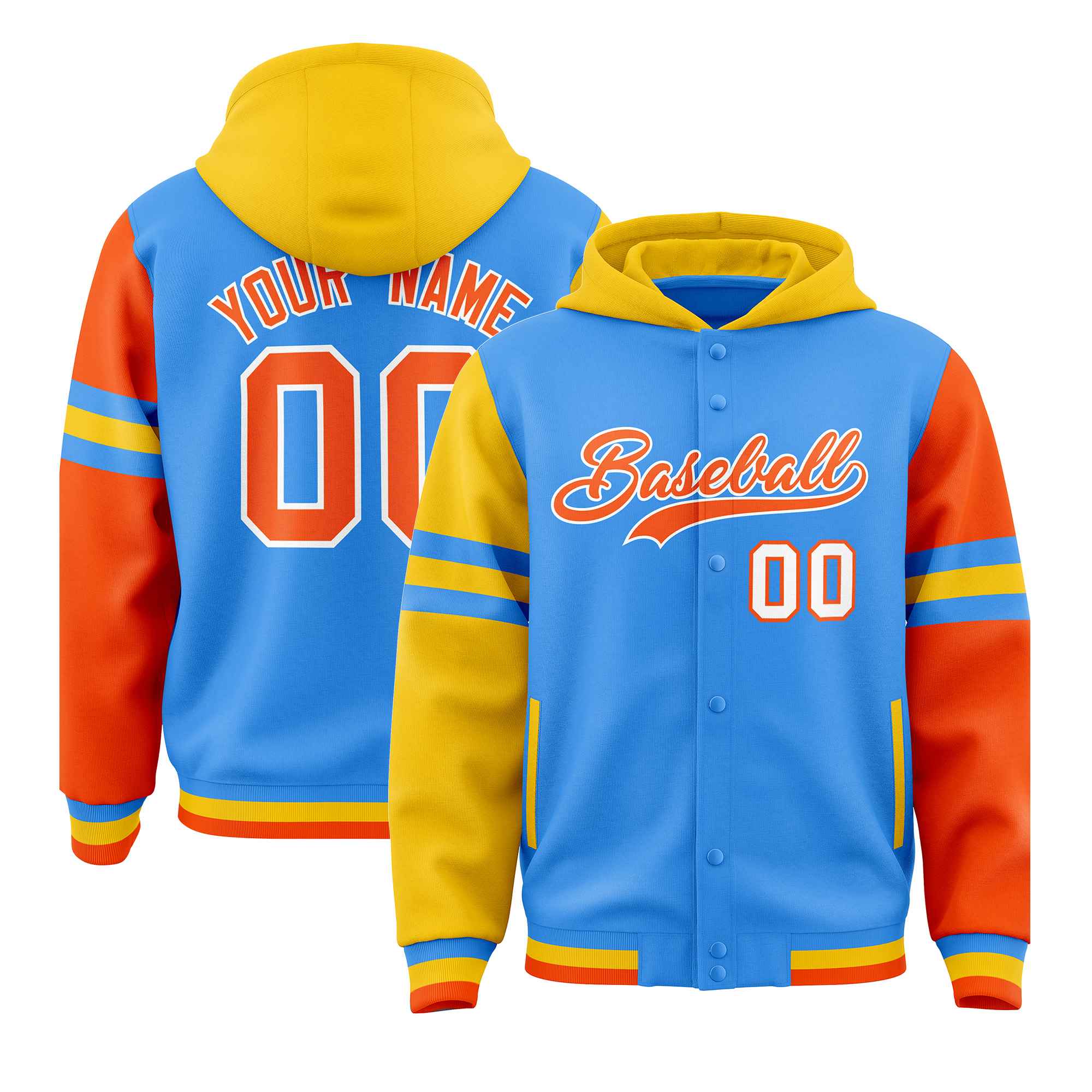 Custom Powder Blue Gold-Orange Raglan Sleeves Varsity Full-Snap Letterman Three Stripes Jacket Hoodie| KXKSHOP