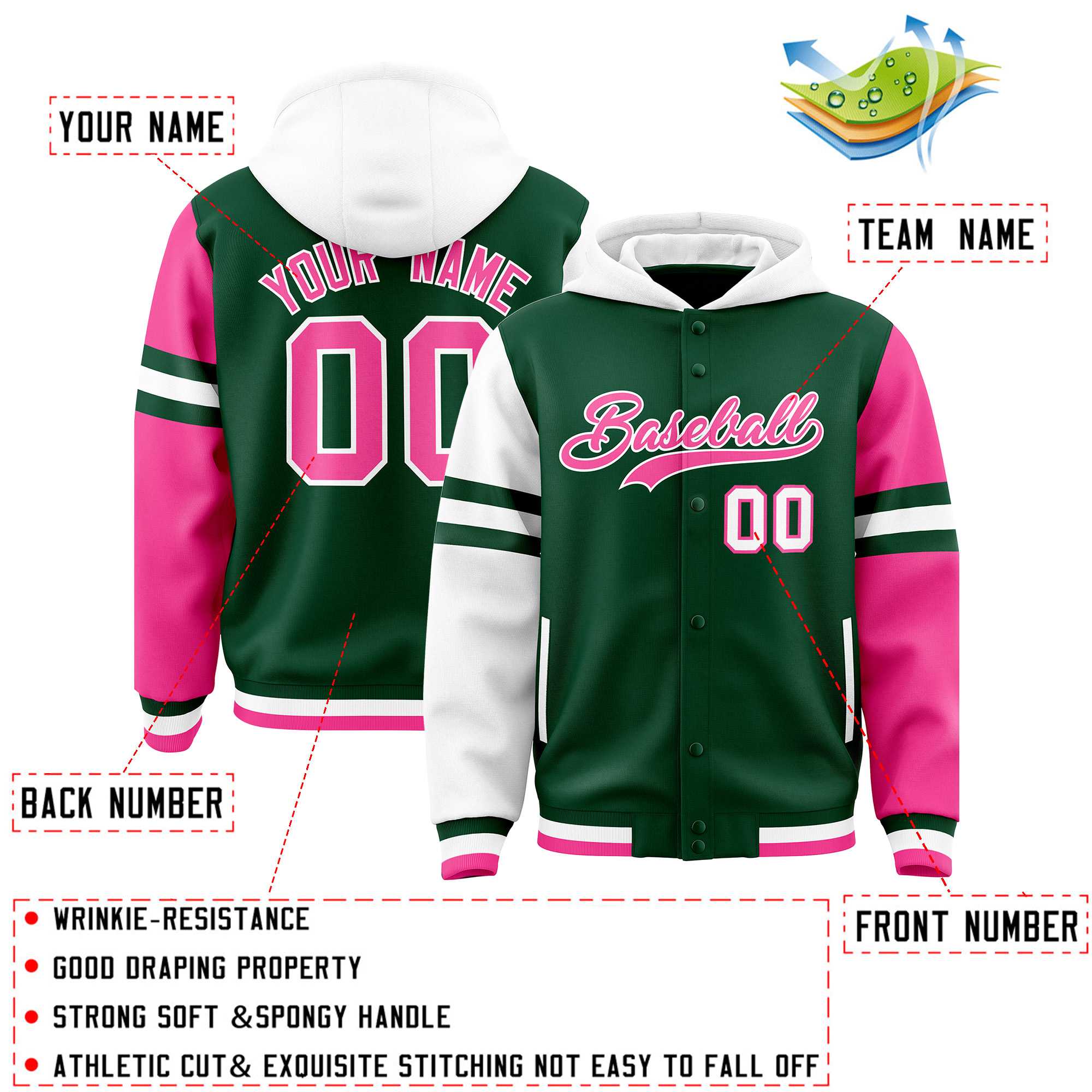 Custom Green White-Pink Raglan Sleeves Varsity Full-Snap Letterman Three Stripes Jacket Hoodie| KXKSHOP