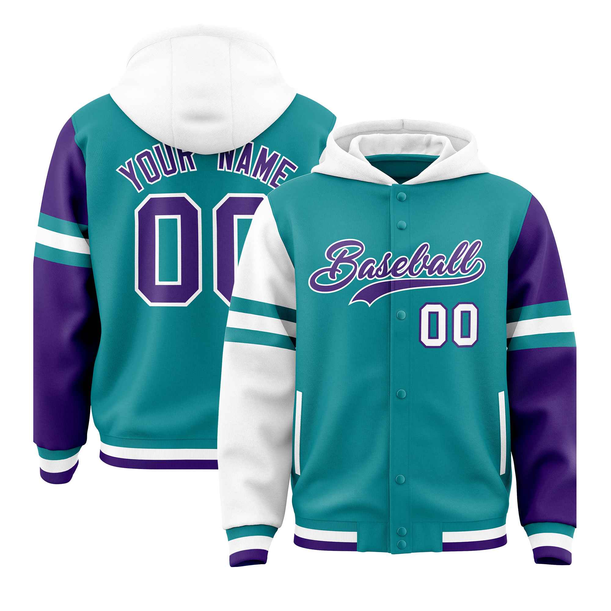 Custom Aqua White-Purple Raglan Sleeves Varsity Full-Snap Letterman Three Stripes Jacket Hoodie| KXKSHOP