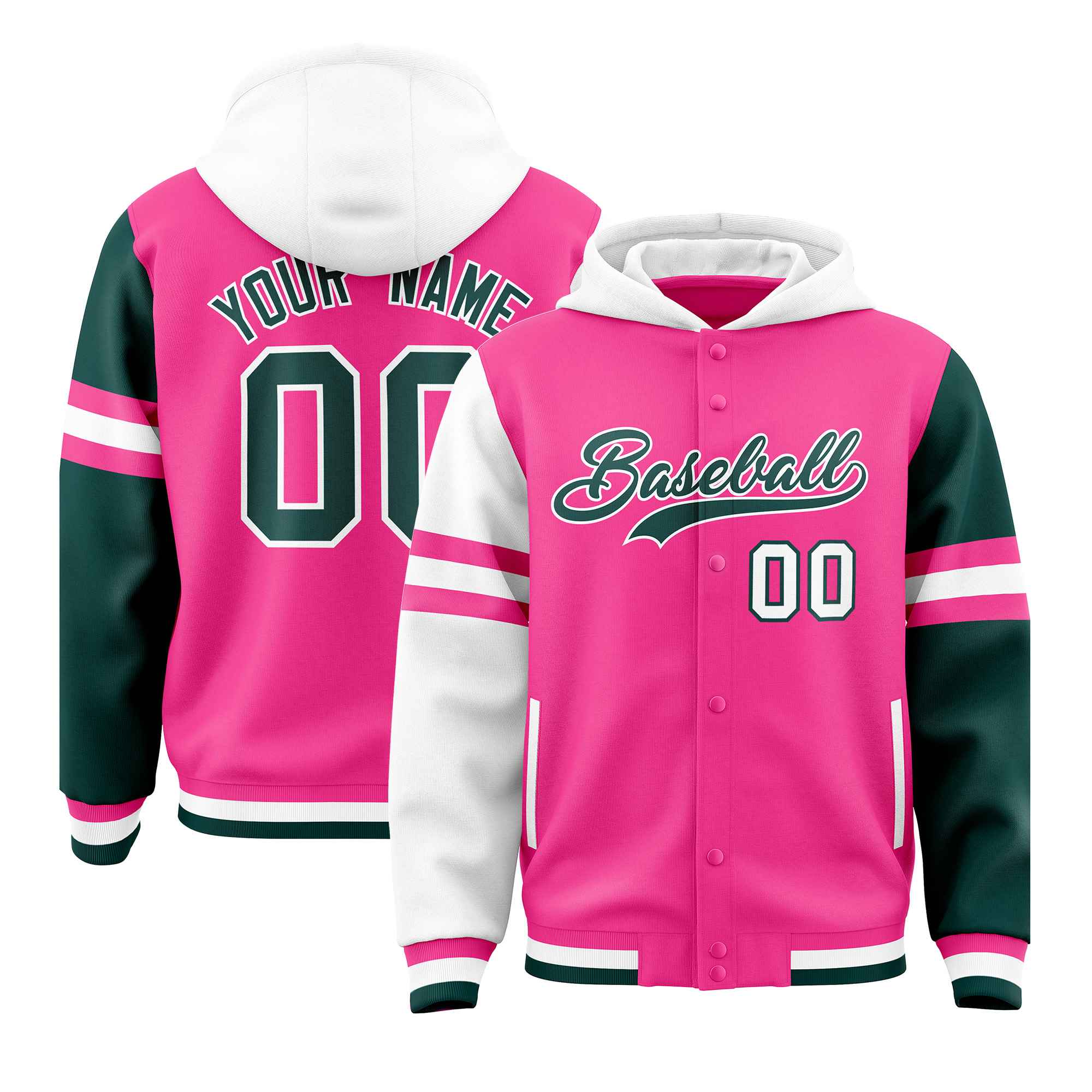 Custom Pink White-Midnight Green Raglan Sleeves Varsity Full-Snap Letterman Three Stripes Jacket Hoodie| KXKSHOP