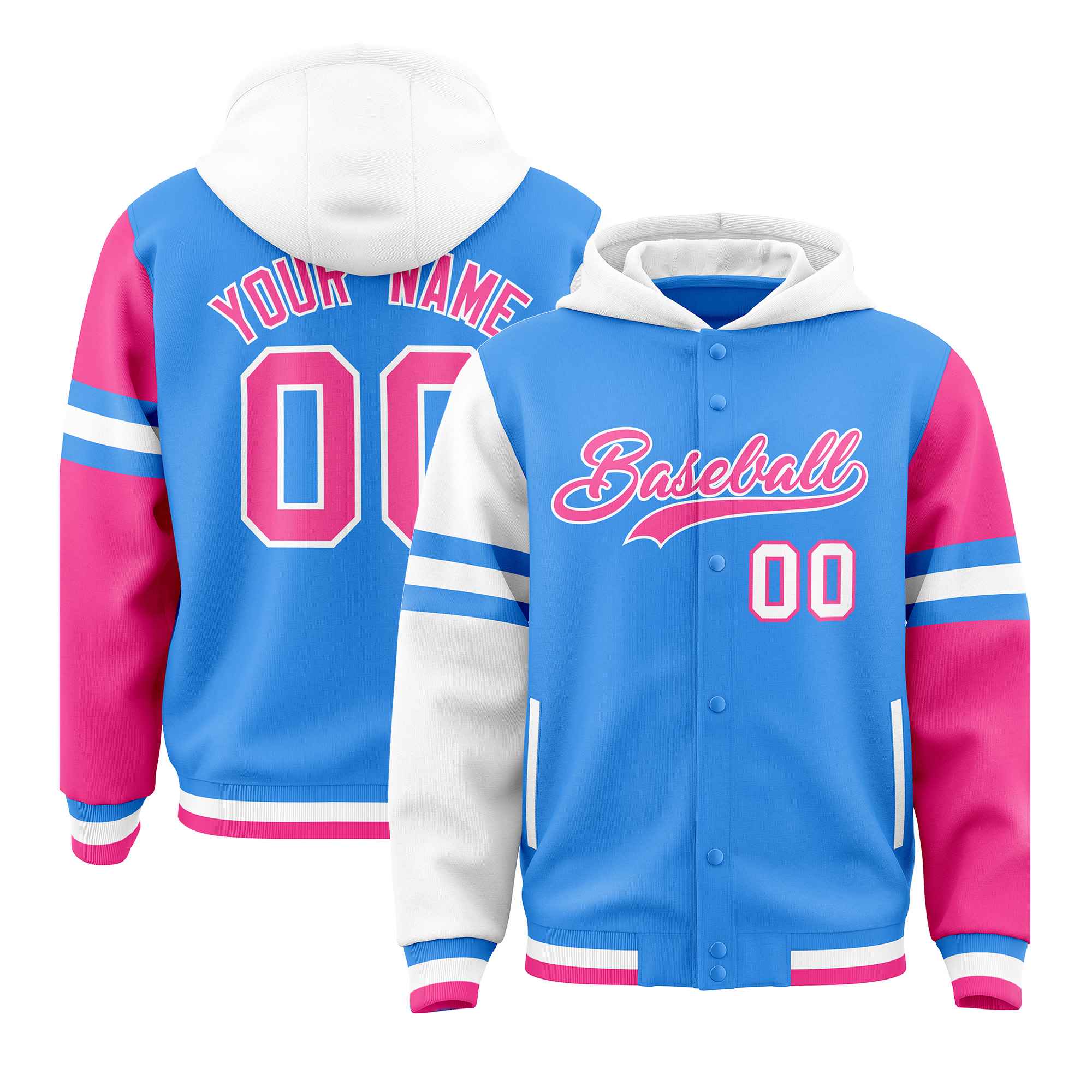 Custom Powder Blue White-Pink Raglan Sleeves Varsity Full-Snap Letterman Three Stripes Jacket Hoodie| KXKSHOP