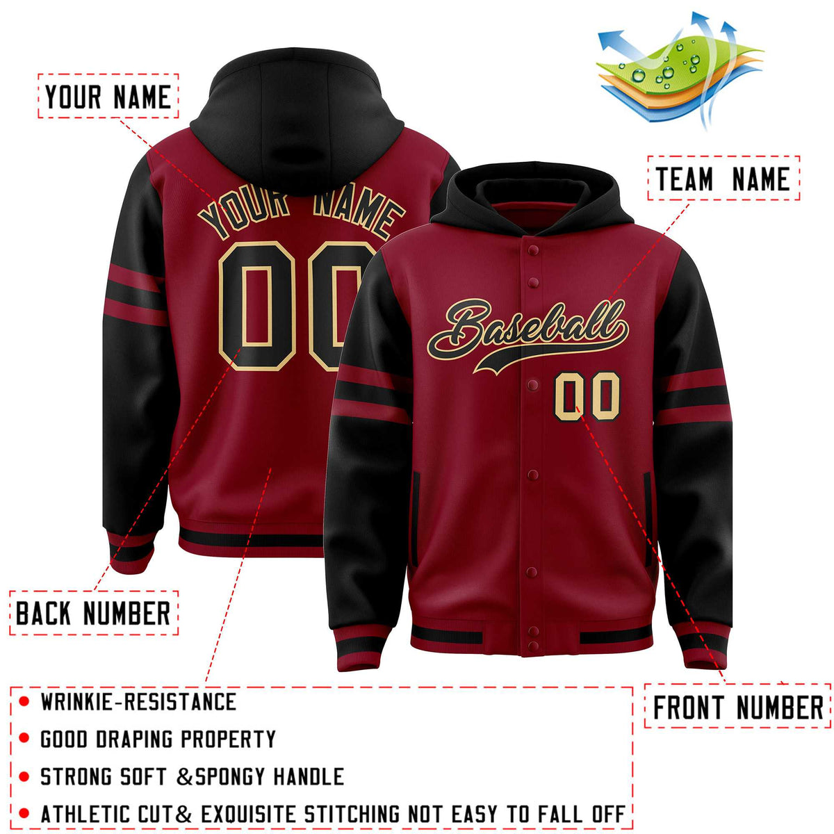 Custom Crimson Black Raglan Sleeves Varsity Full-Snap Letterman Three Stripes Jacket Hoodie| KXKSHOP