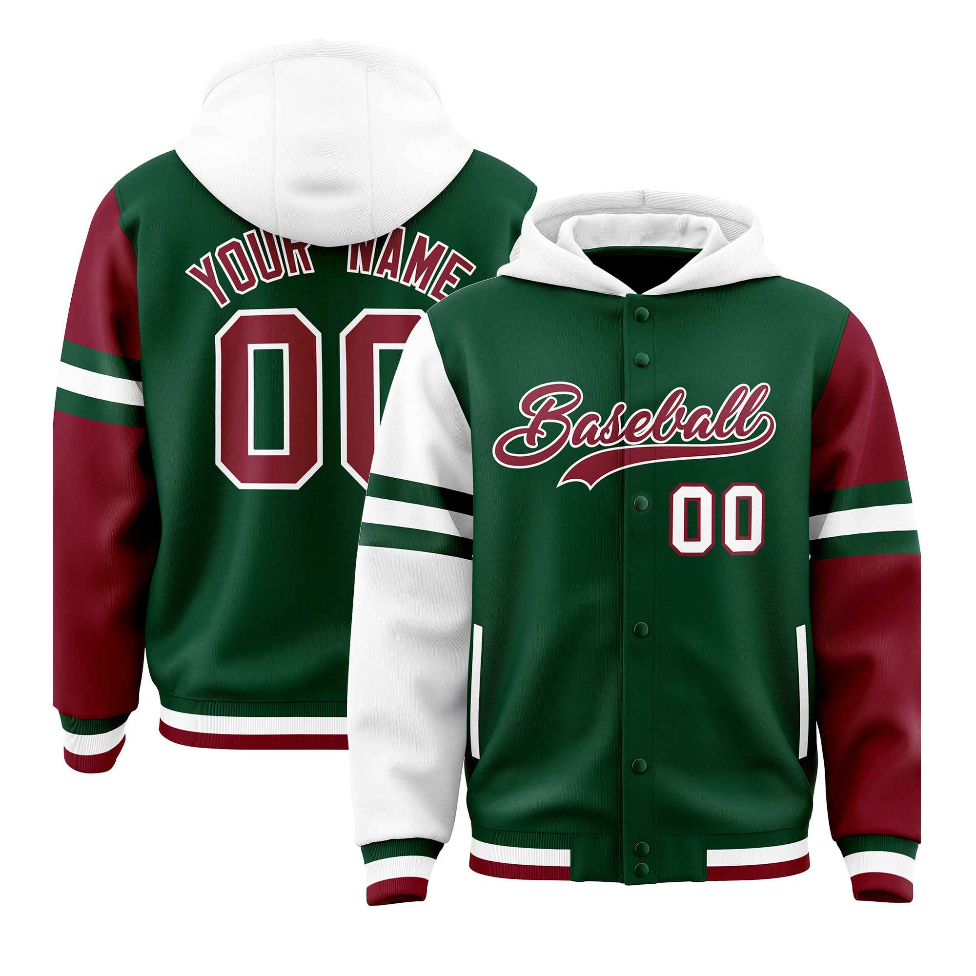 Custom Green White-Crimson Raglan Sleeves Varsity Full-Snap Letterman Three Stripes Jacket Hoodie| KXKSHOP
