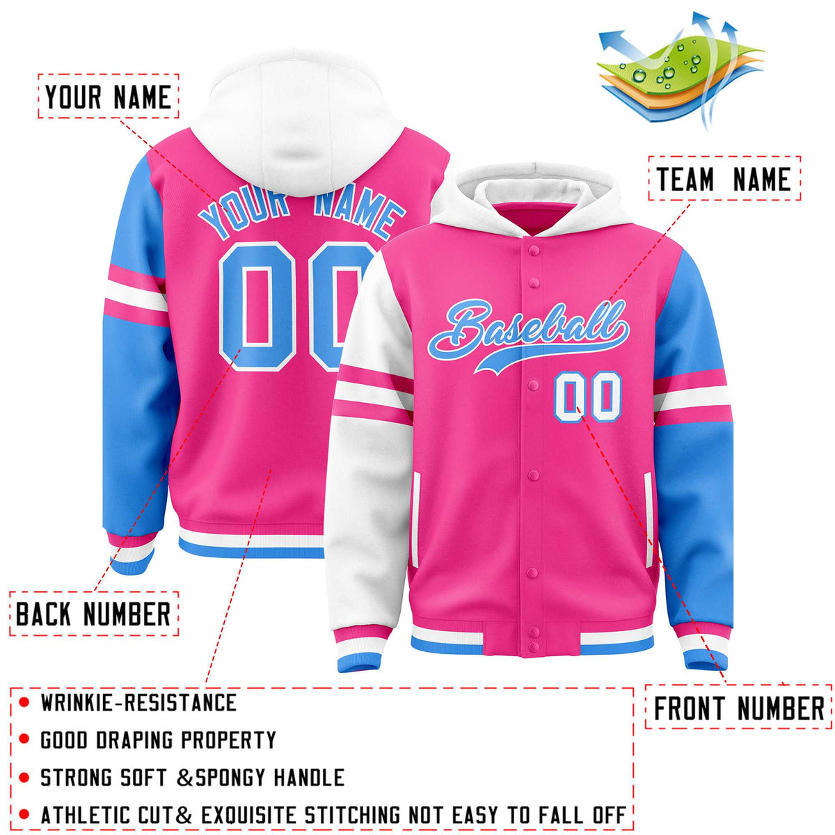 Custom Pink White-Powder Blue Raglan Sleeves Varsity Full-Snap Letterman Three Stripes Jacket Hoodie| KXKSHOP