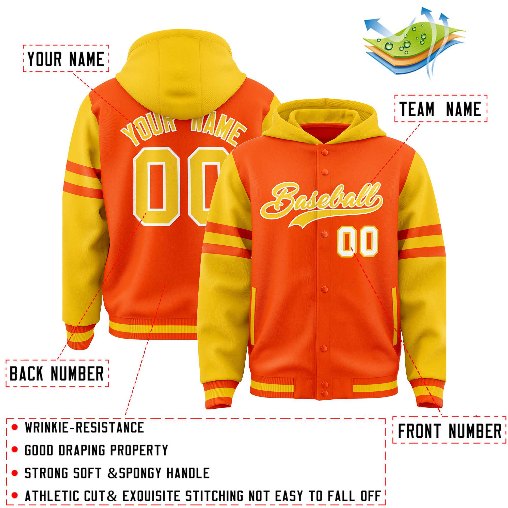 Custom Orange Gold Raglan Sleeves Varsity Full-Snap Letterman Three Stripes Jacket Hoodie| KXKSHOP
