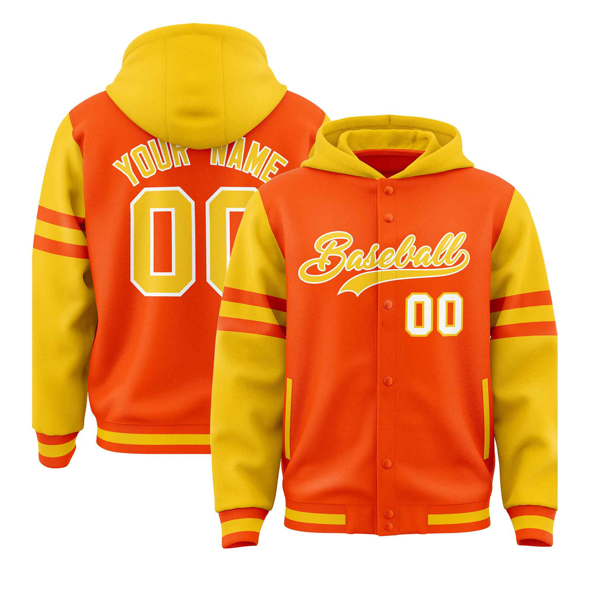Custom Orange Gold Raglan Sleeves Varsity Full-Snap Letterman Three Stripes Jacket Hoodie| KXKSHOP