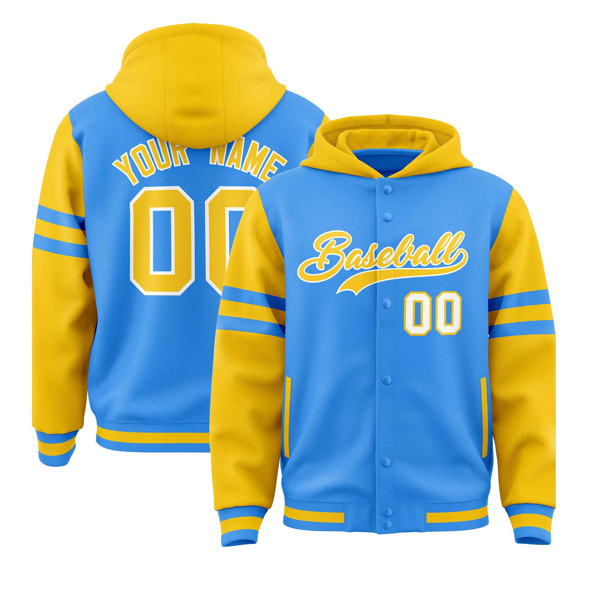 Custom Powder Blue Gold Raglan Sleeves Varsity Full-Snap Letterman Three Stripes Jacket Hoodie| KXKSHOP