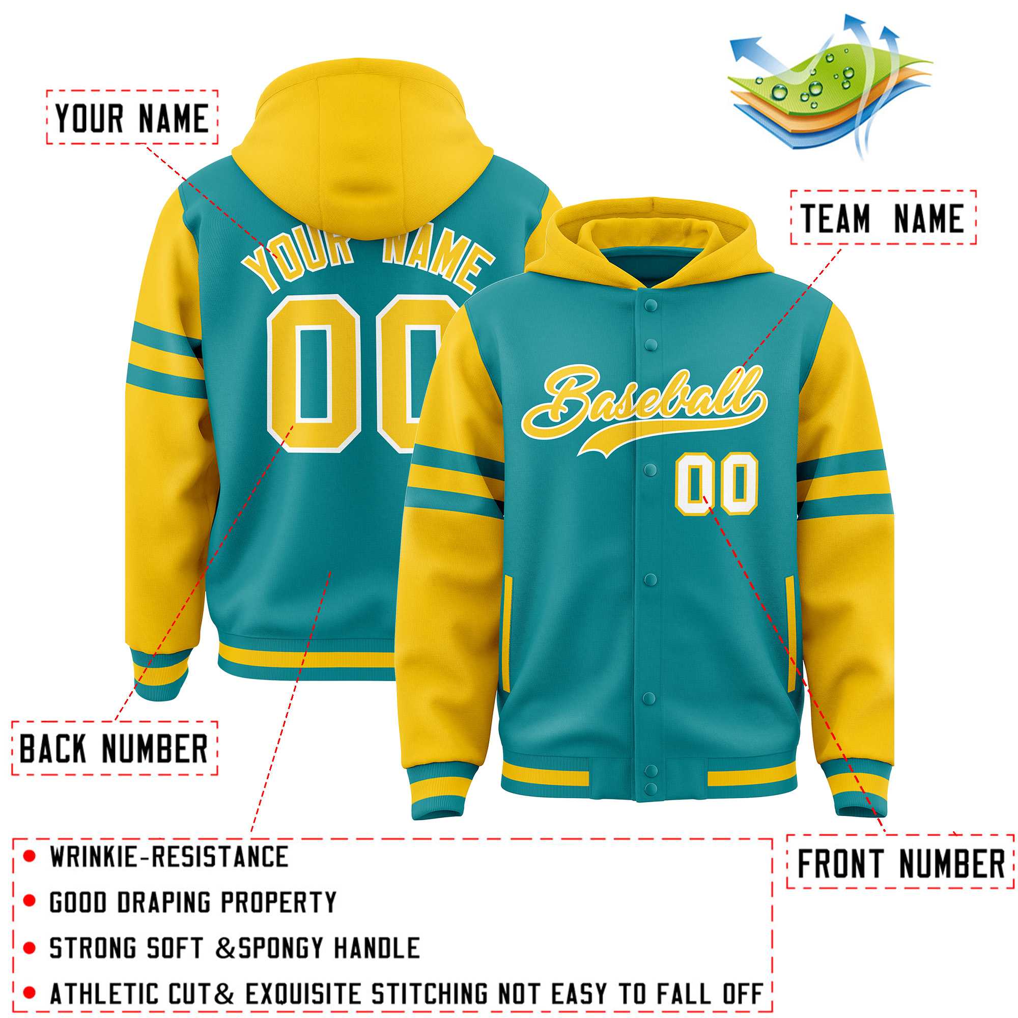 Custom Aqua Gold Raglan Sleeves Varsity Full-Snap Letterman Three Stripes Jacket Hoodie| KXKSHOP