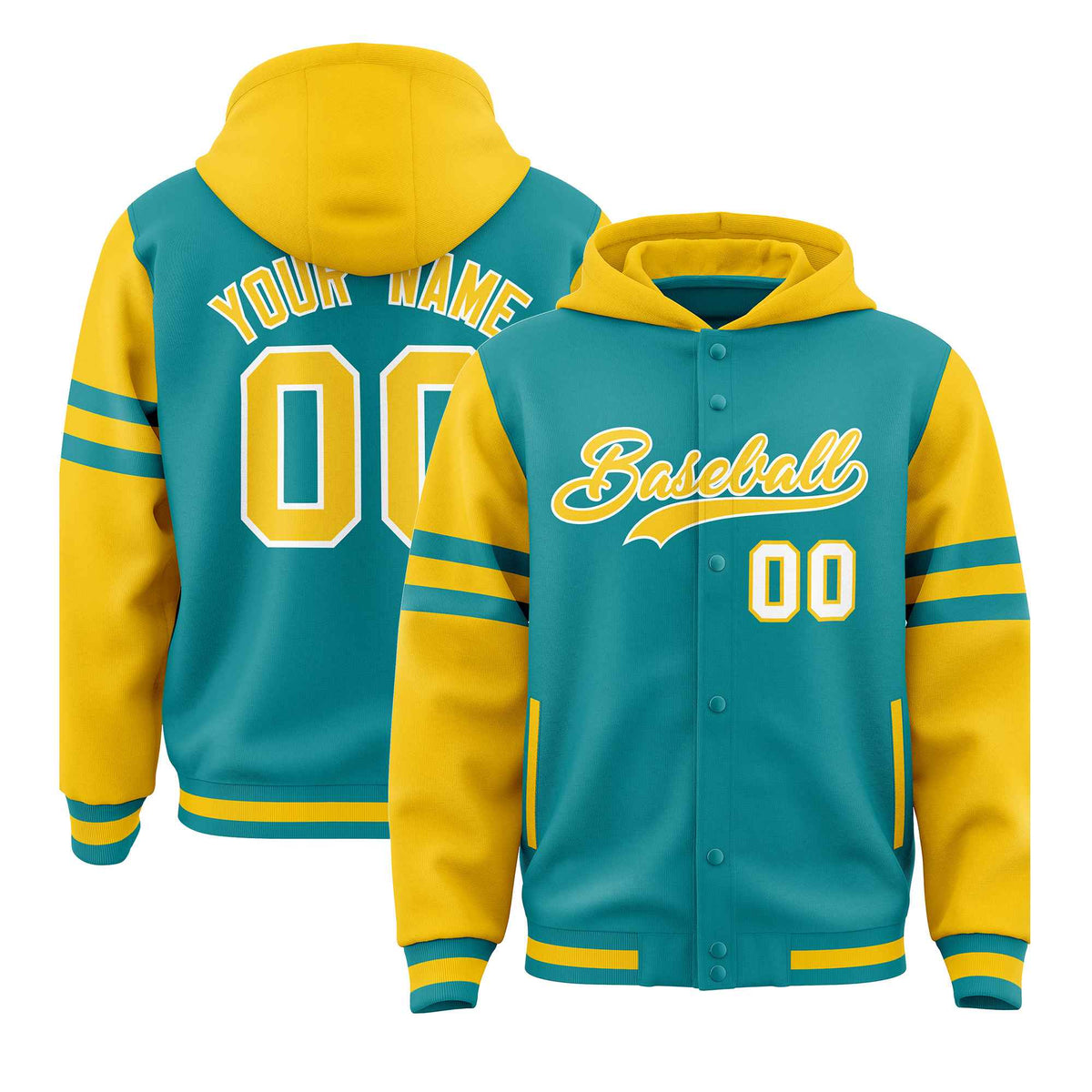Custom Aqua Gold Raglan Sleeves Varsity Full-Snap Letterman Three Stripes Jacket Hoodie| KXKSHOP