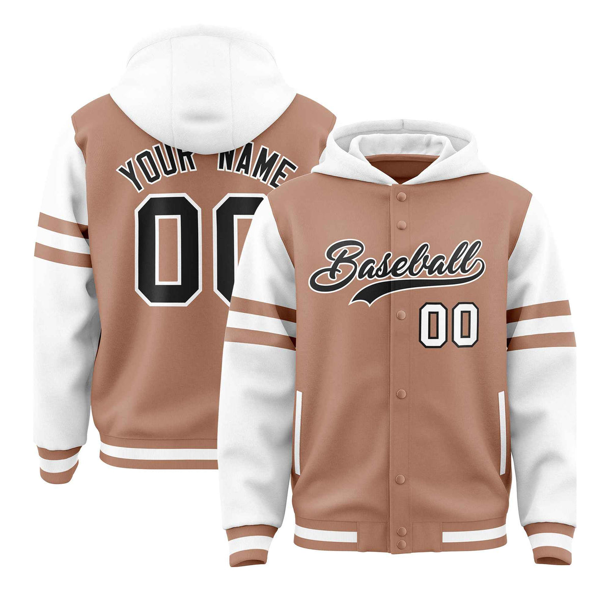 Custom Coffee Brown White Raglan Sleeves Varsity Full-Snap Letterman Three Stripes Jacket Hoodie| KXKSHOP