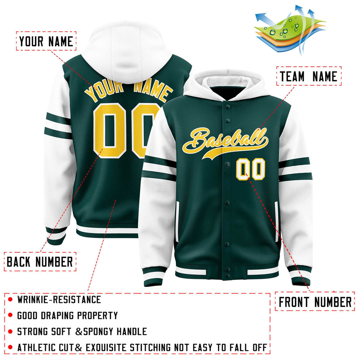 Custom Midnight Green White Raglan Sleeves Varsity Full-Snap Letterman Three Stripes Jacket Hoodie| KXKSHOP