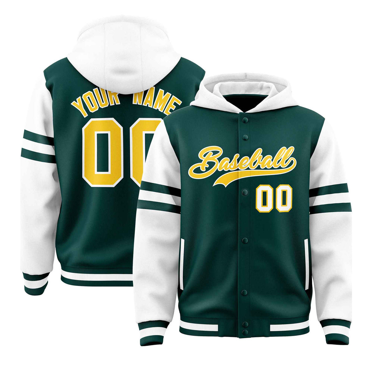 Custom Midnight Green White Raglan Sleeves Varsity Full-Snap Letterman Three Stripes Jacket Hoodie| KXKSHOP
