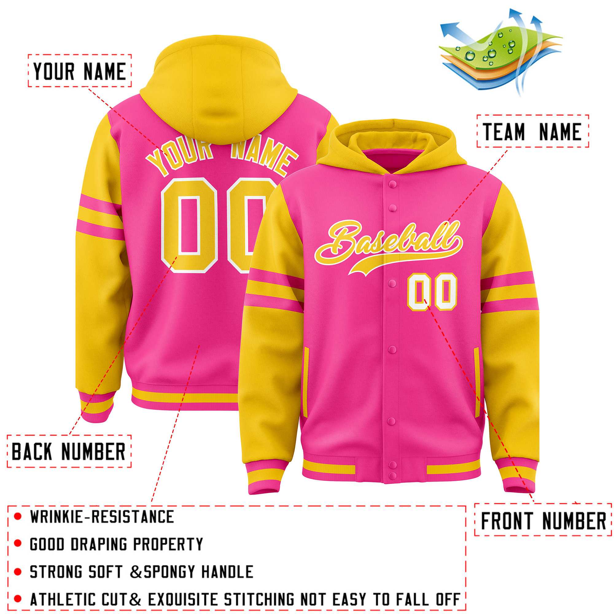 Custom Pink Gold Raglan Sleeves Varsity Full-Snap Letterman Three Stripes Jacket Hoodie| KXKSHOP