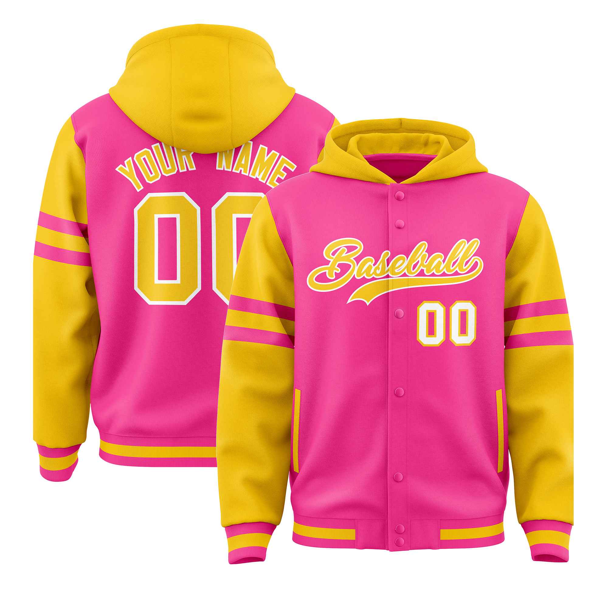 Custom Pink Gold Raglan Sleeves Varsity Full-Snap Letterman Three Stripes Jacket Hoodie| KXKSHOP