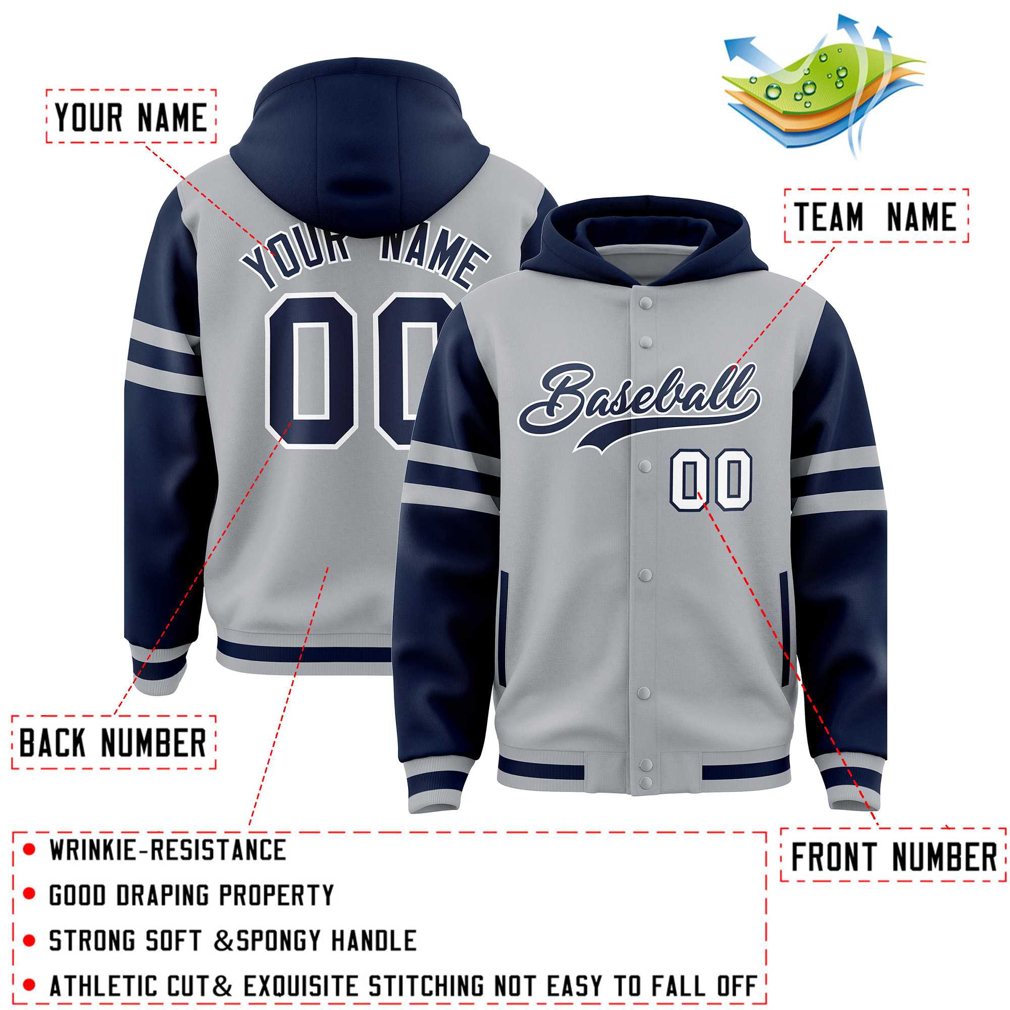 Custom Silver Navy Raglan Sleeves Varsity Full-Snap Letterman Three Stripes Jacket Hoodie| KXKSHOP