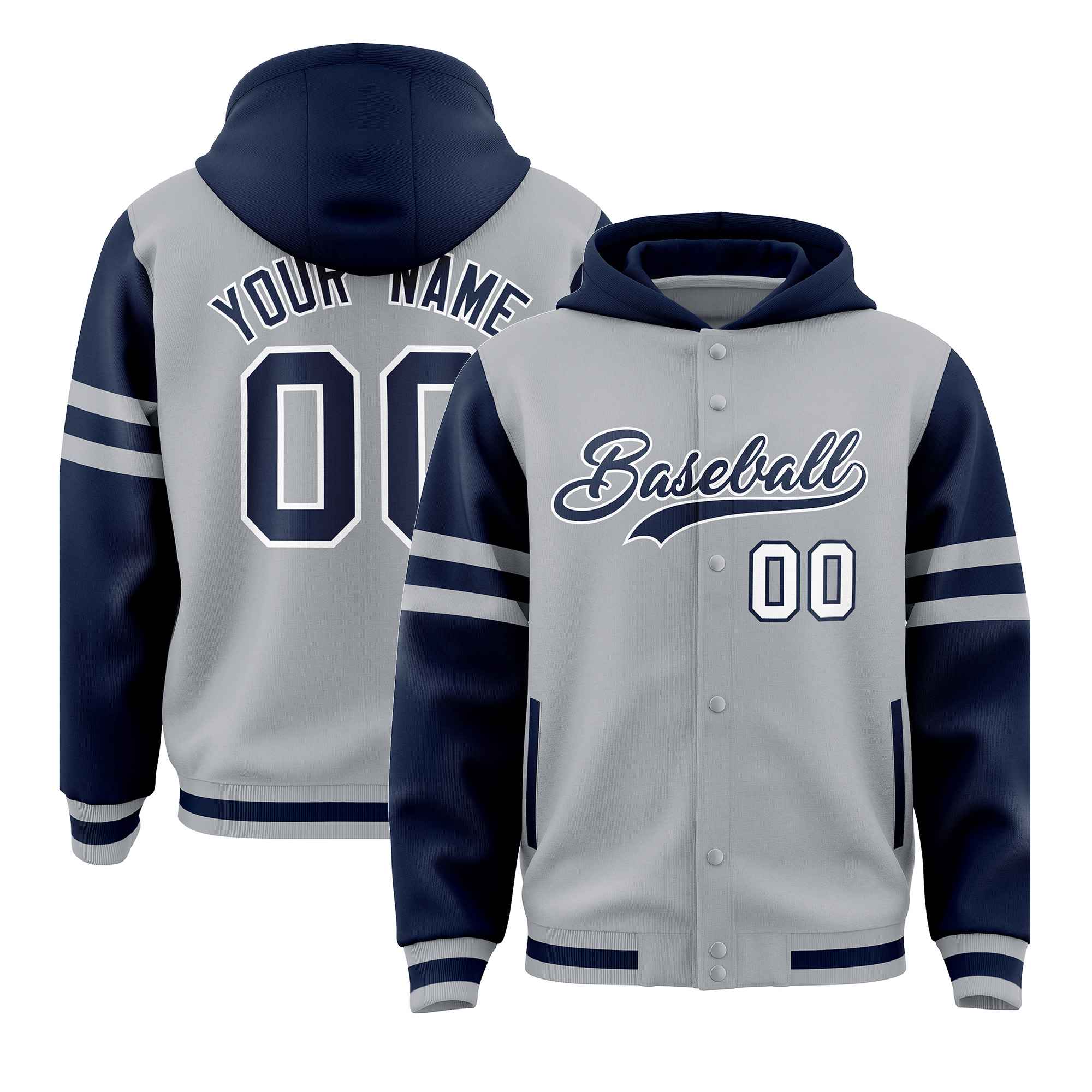 Custom Silver Navy Raglan Sleeves Varsity Full-Snap Letterman Three Stripes Jacket Hoodie| KXKSHOP