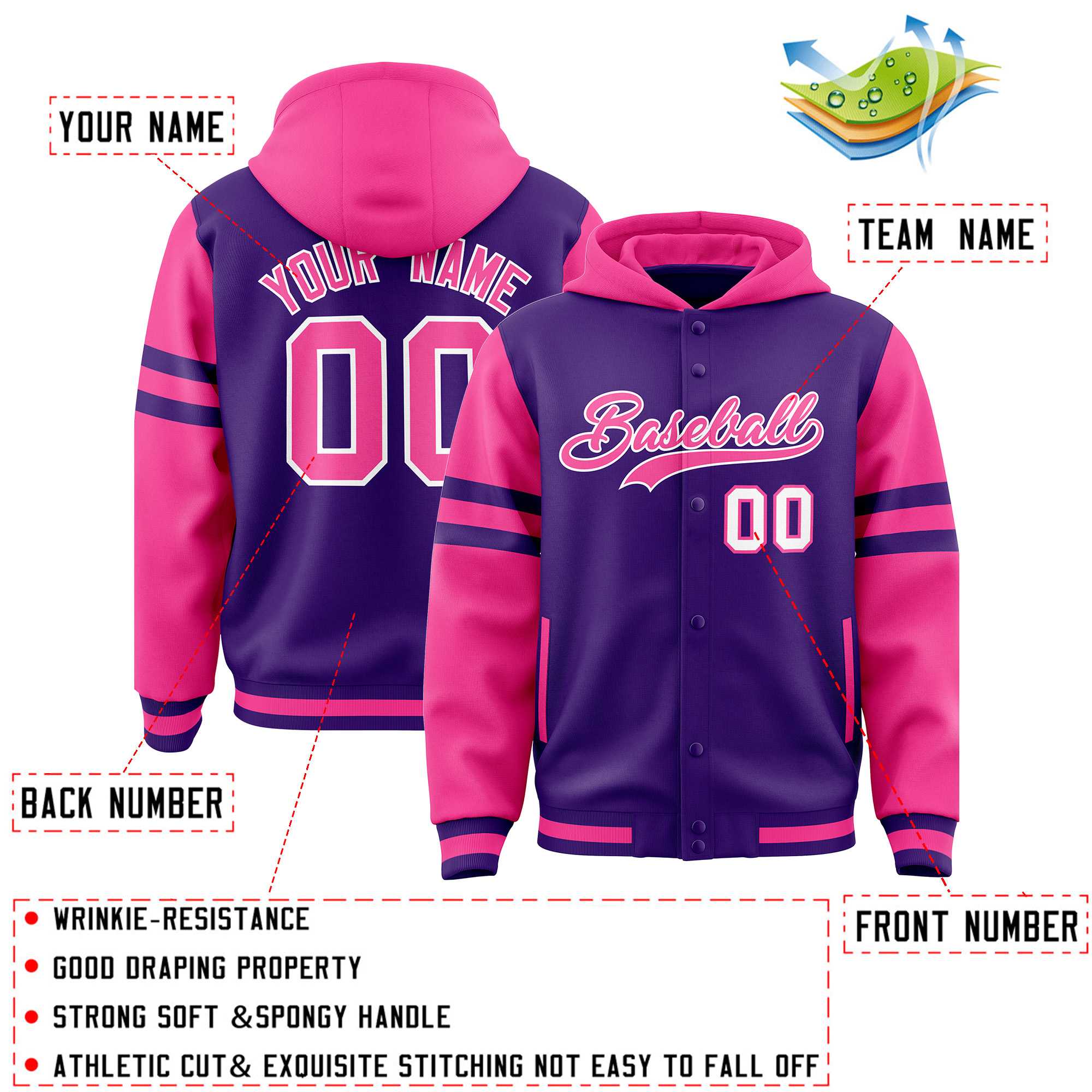 Custom Purple Pink Raglan Sleeves Varsity Full-Snap Letterman Three Stripes Jacket Hoodie| KXKSHOP