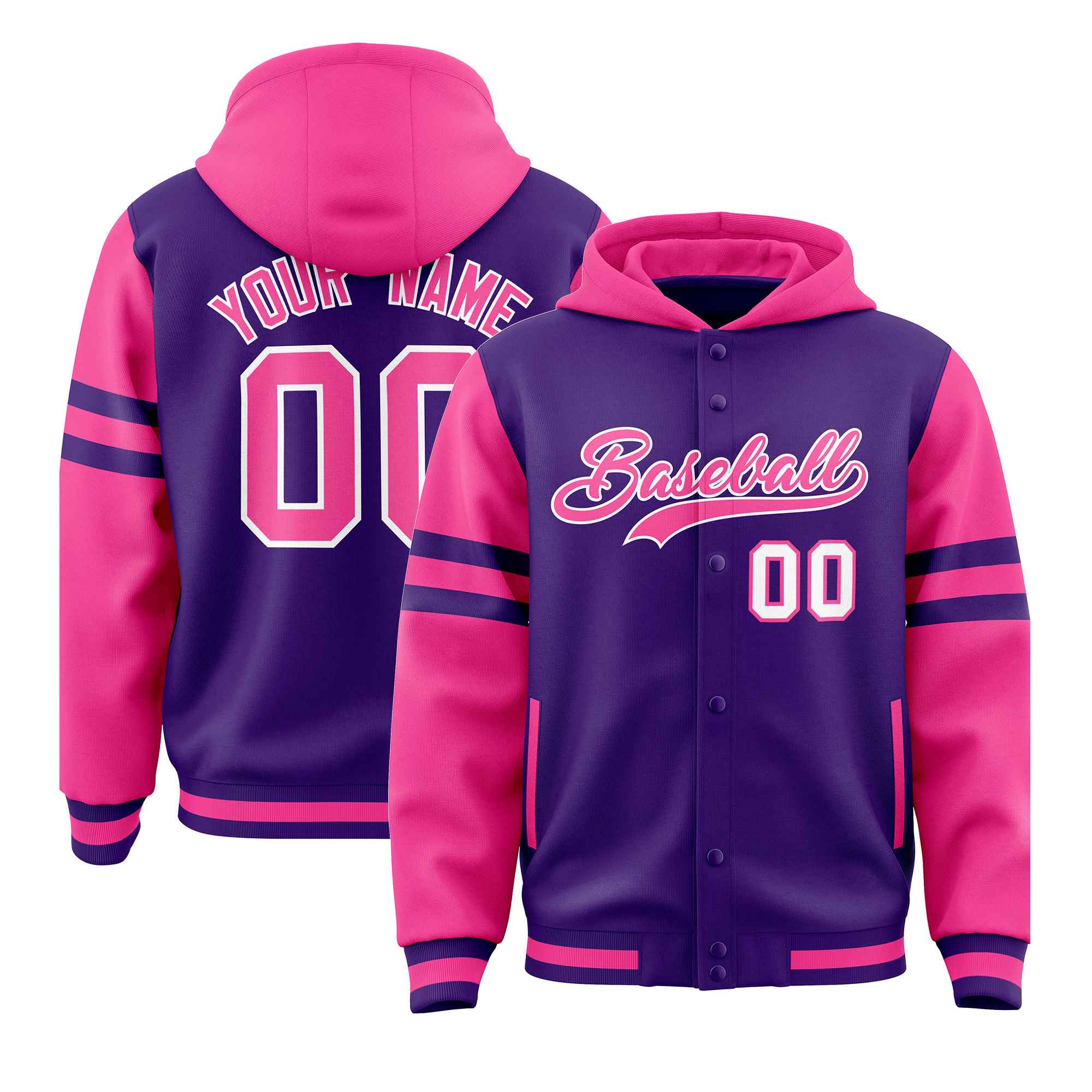 Custom Purple Pink Raglan Sleeves Varsity Full-Snap Letterman Three Stripes Jacket Hoodie| KXKSHOP