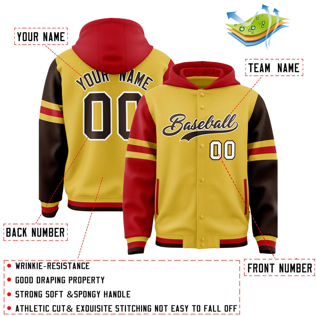 Custom Old Gold Red-Brown Raglan Sleeves Varsity Full-Snap Letterman Three Stripes Jacket Hoodie| KXKSHOP