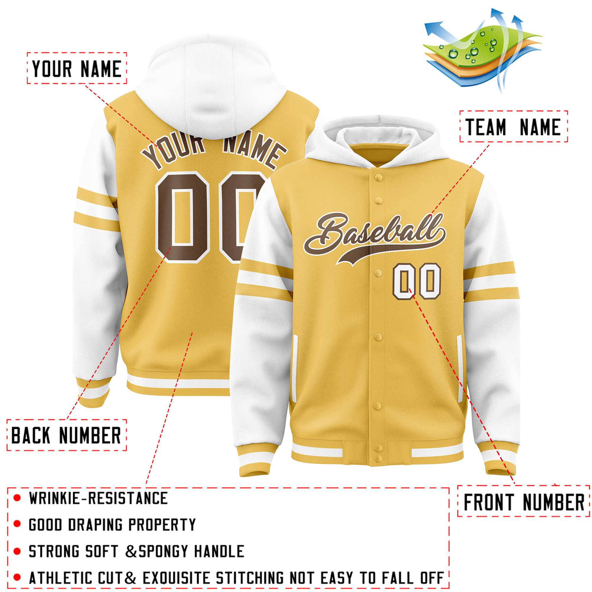 Custom Khaki White Raglan Sleeves Varsity Full-Snap Letterman Three Stripes Jacket Hoodie| KXKSHOP