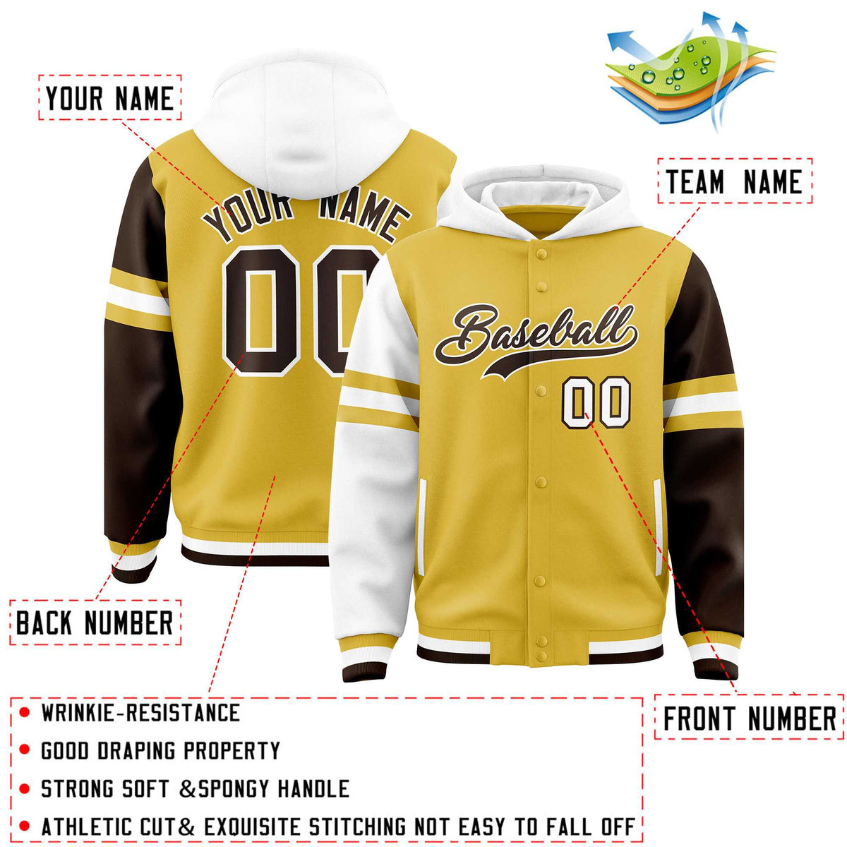 Custom Old Gold White-Brown Raglan Sleeves Varsity Full-Snap Letterman Three Stripes Jacket Hoodie| KXKSHOP