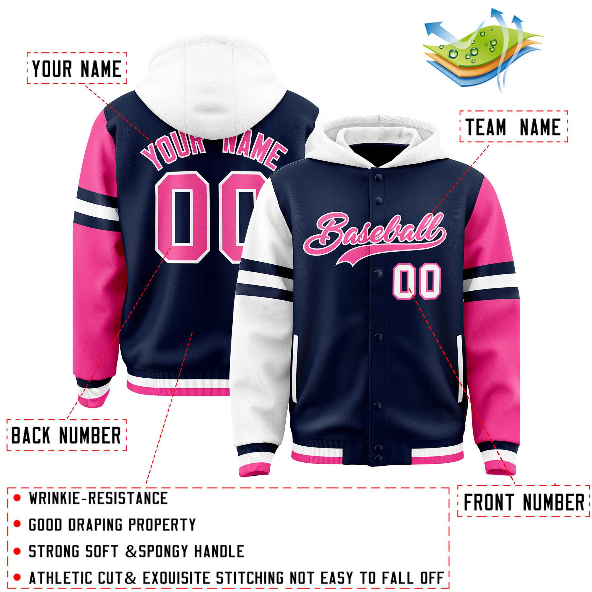 Custom Navy White-Pink Raglan Sleeves Varsity Full-Snap Letterman Three Stripes Jacket Hoodie| KXKSHOP