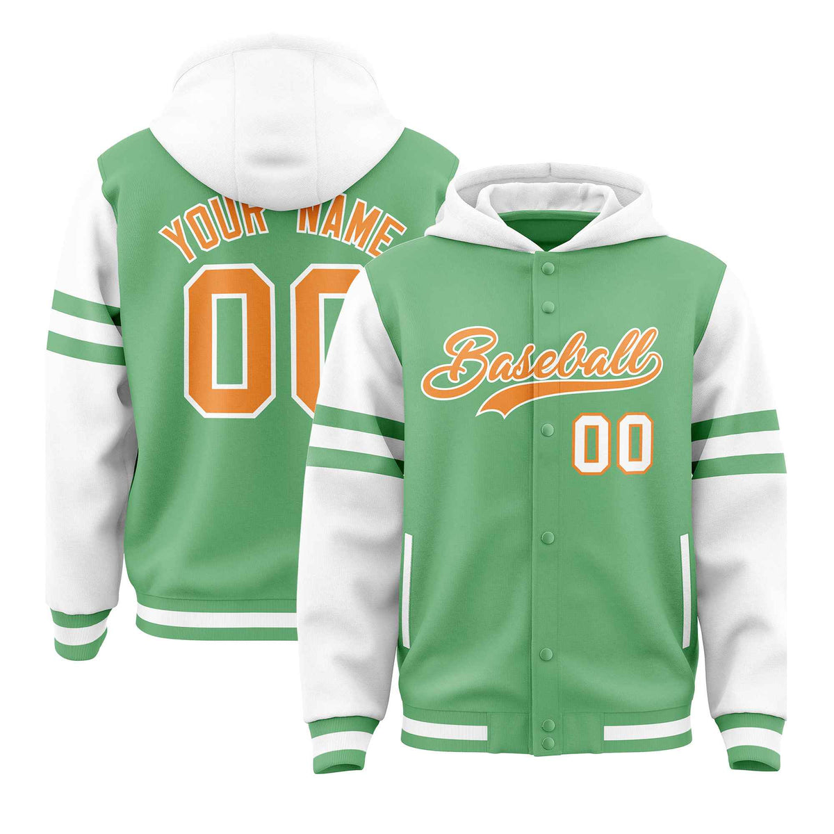 Custom Light Green White Raglan Sleeves Varsity Full-Snap Letterman Three Stripes Jacket Hoodie| KXKSHOP