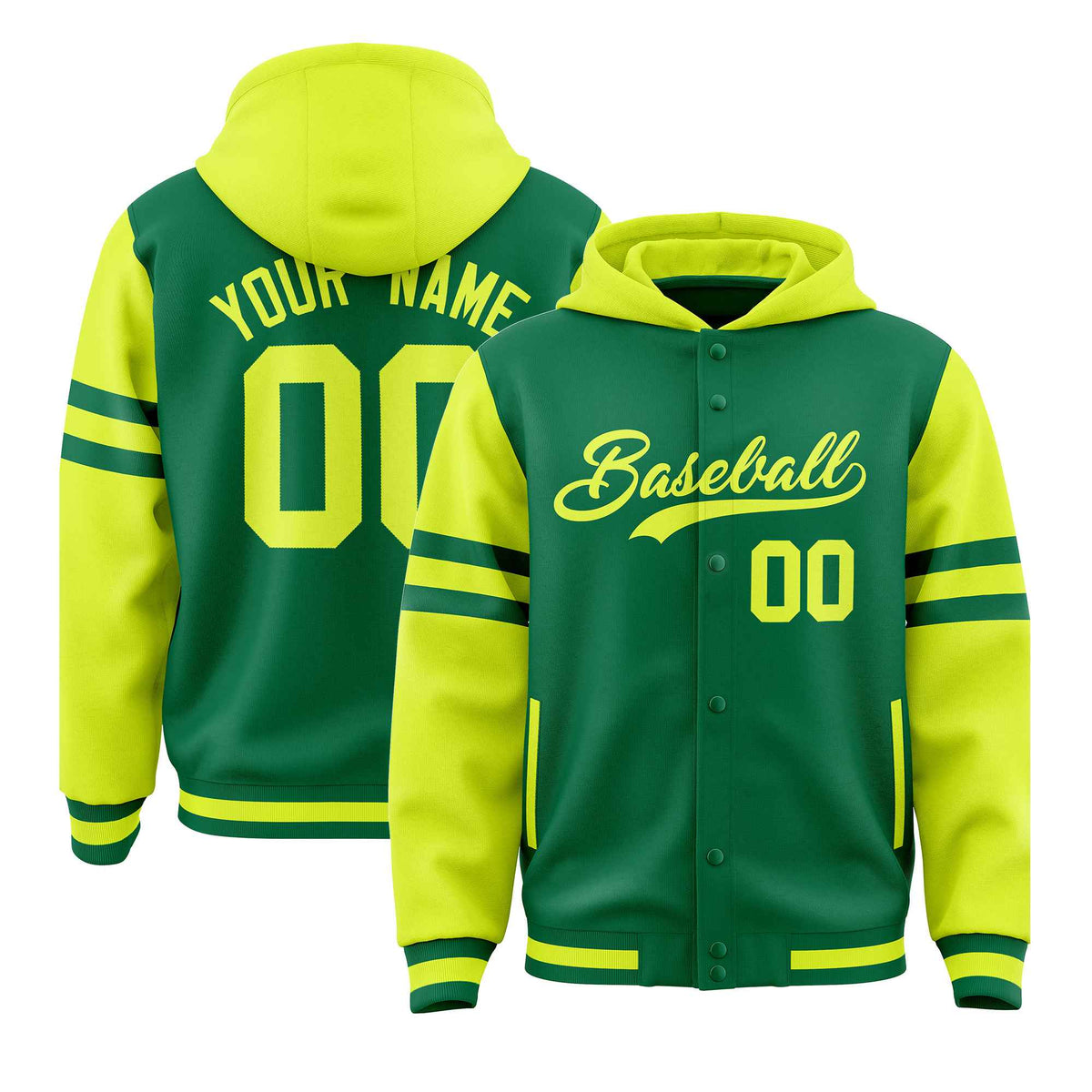 Custom Kelly Green Fluorescent Green Raglan Sleeves Varsity Full-Snap Letterman Three Stripes Jacket Hoodie| KXKSHOP