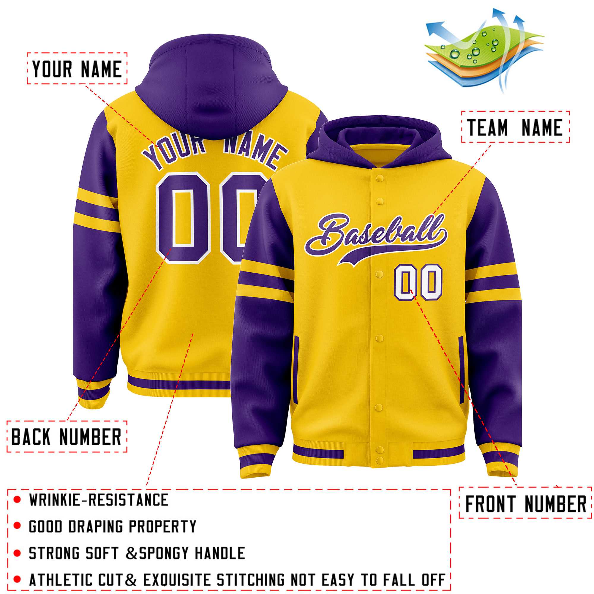 Custom Gold Purple Raglan Sleeves Varsity Full-Snap Letterman Three Stripes Jacket Hoodie| KXKSHOP