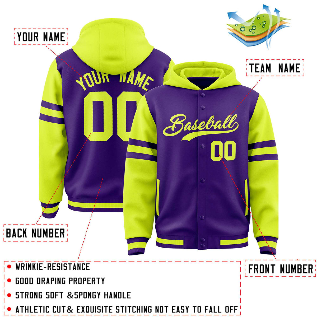 Custom Purple Fluorescent Green Raglan Sleeves Varsity Full-Snap Letterman Three Stripes Jacket Hoodie| KXKSHOP