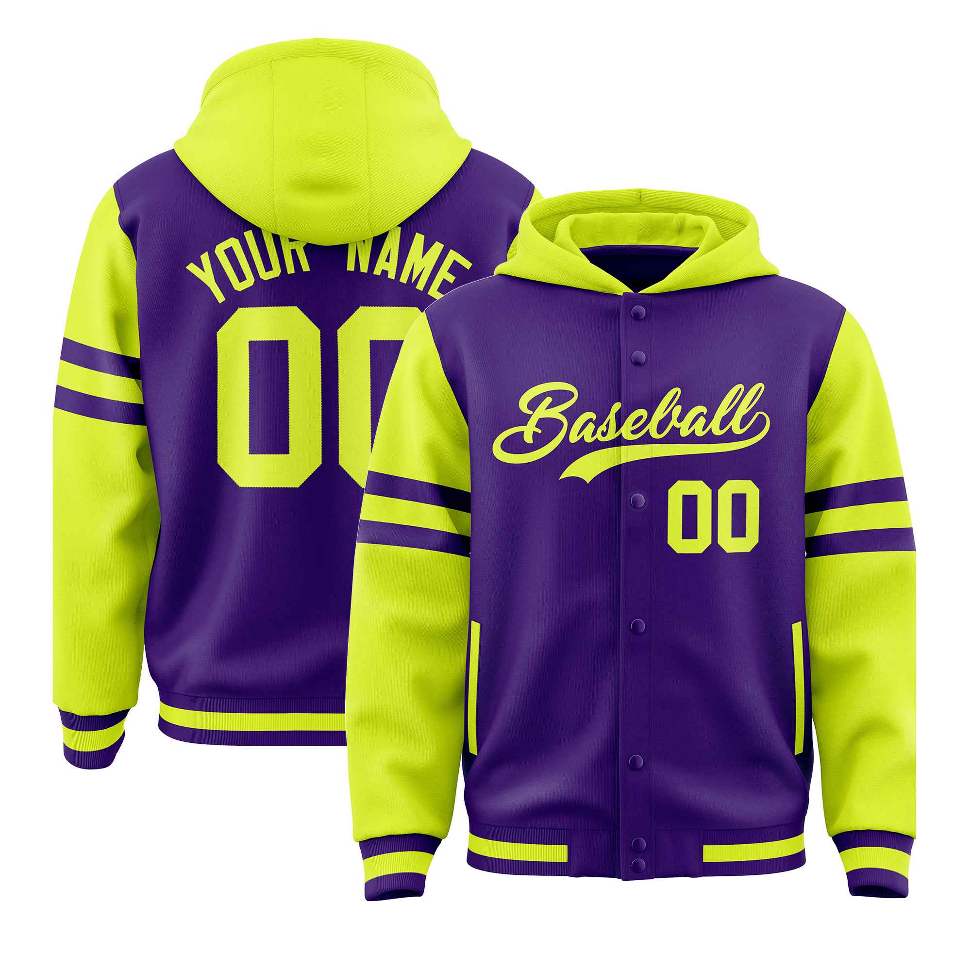 Custom Purple Fluorescent Green Raglan Sleeves Varsity Full-Snap Letterman Three Stripes Jacket Hoodie| KXKSHOP