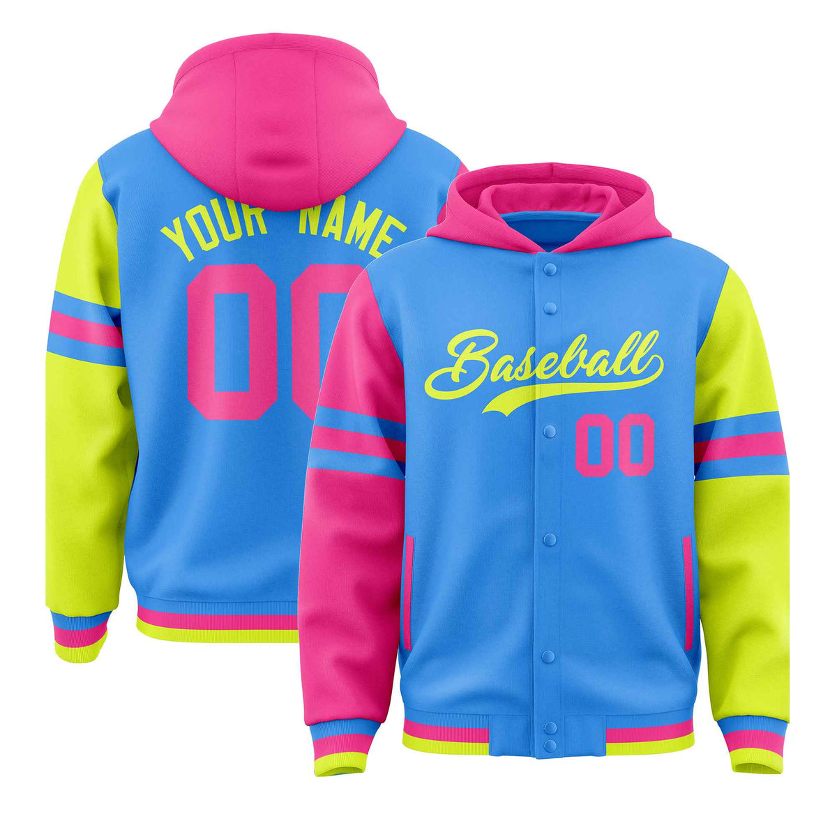 Custom Powder Blue Pink-Fluorescent Green Raglan Sleeves Varsity Full-Snap Letterman Three Stripes Jacket Hoodie| KXKSHOP