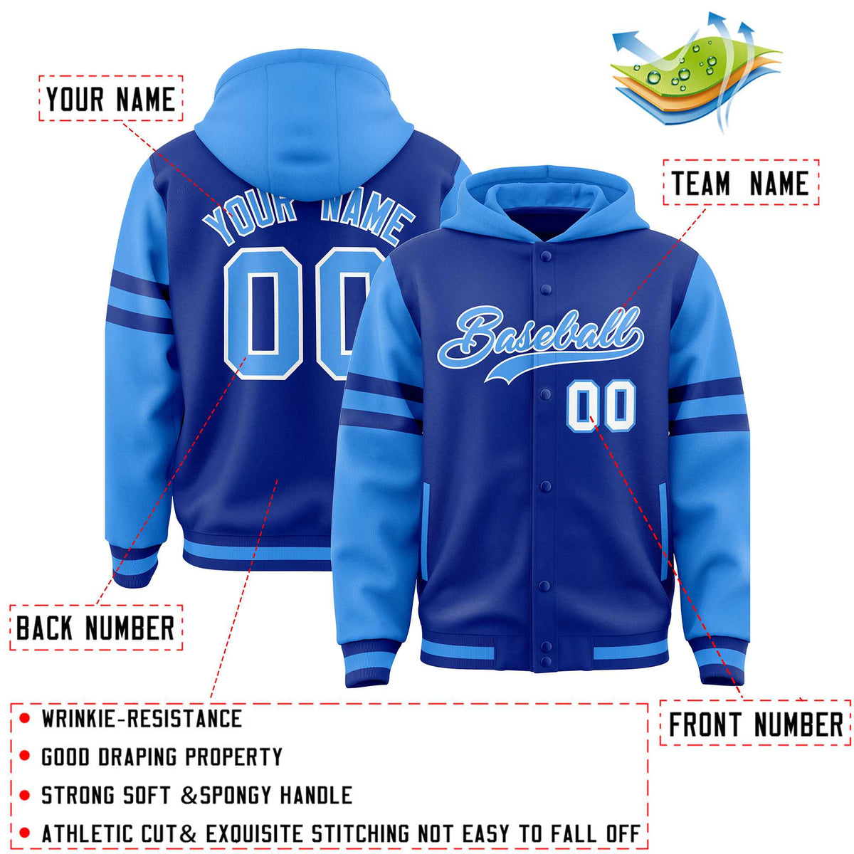 Custom Royal Powder Blue Raglan Sleeves Varsity Full-Snap Letterman Three Stripes Jacket Hoodie| KXKSHOP