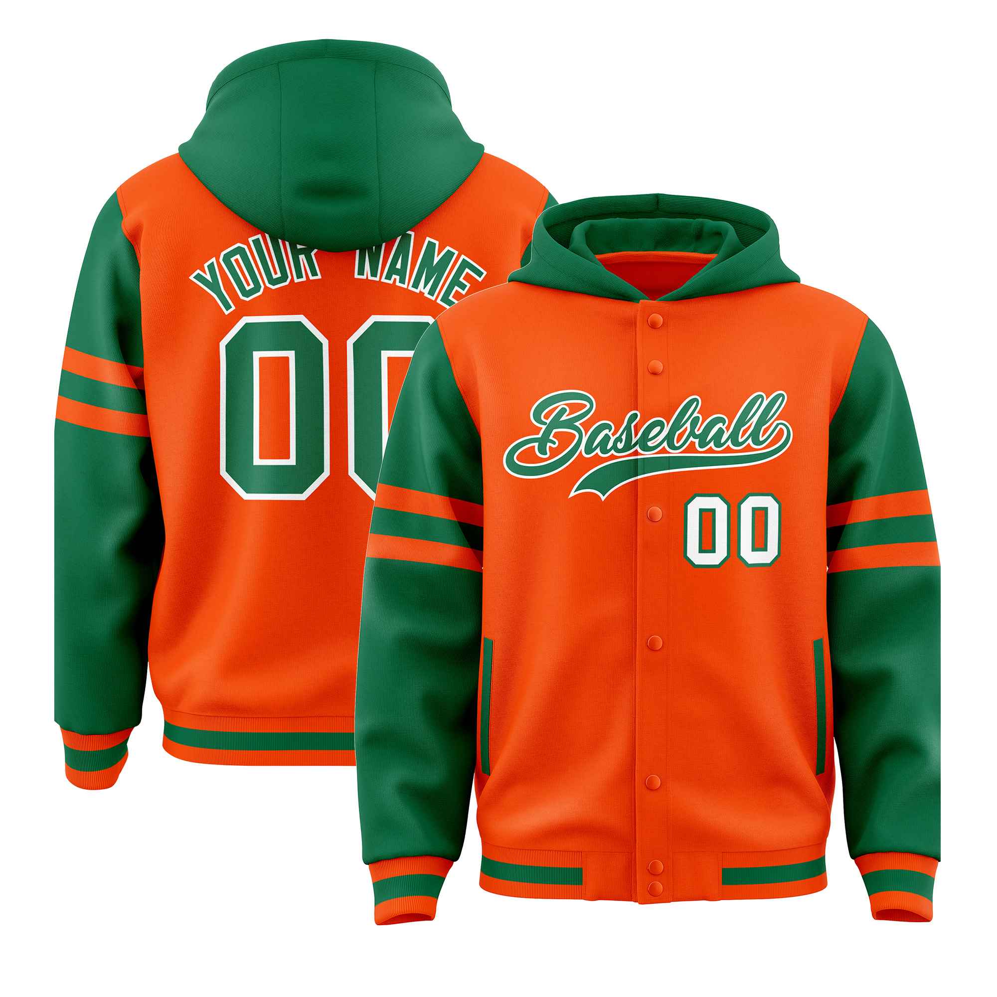 Custom Orange Kelly Green Raglan Sleeves Varsity Full-Snap Letterman Three Stripes Jacket Hoodie| KXKSHOP