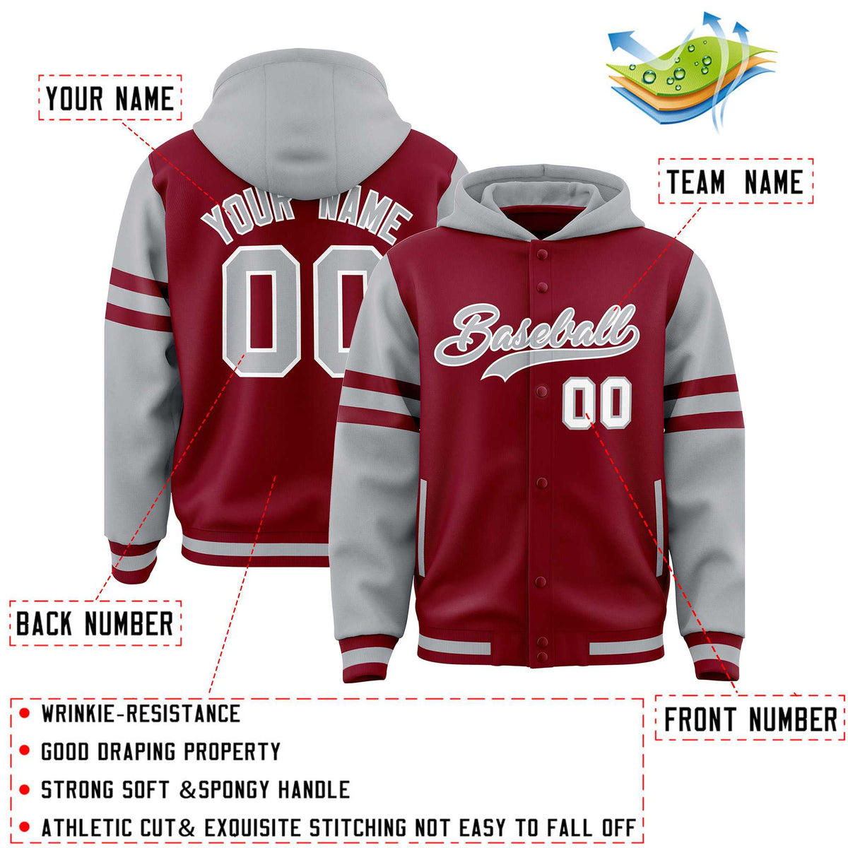 Custom Crimson Silver Raglan Sleeves Varsity Full-Snap Letterman Three Stripes Jacket Hoodie| KXKSHOP