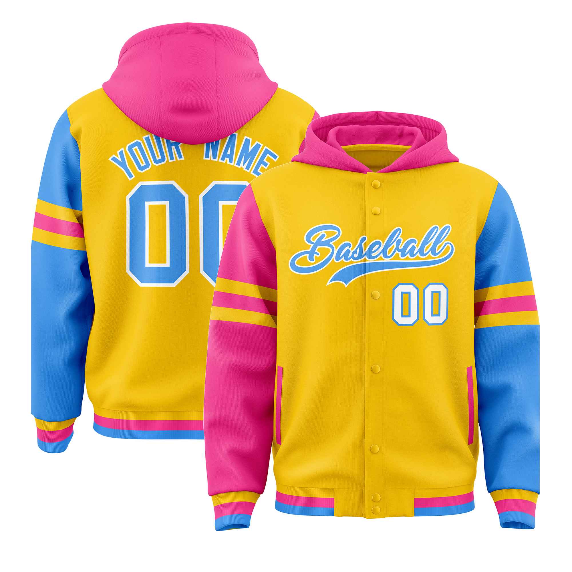 Custom Gold Pink-Powder Blue Raglan Sleeves Varsity Full-Snap Letterman Three Stripes Jacket Hoodie| KXKSHOP