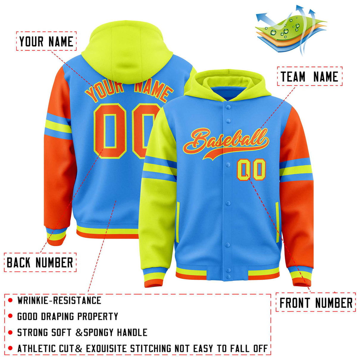 Custom Powder Blue Fluorescent Green-Orange Raglan Sleeves Varsity Full-Snap Letterman Three Stripes Jacket Hoodie| KXKSHOP