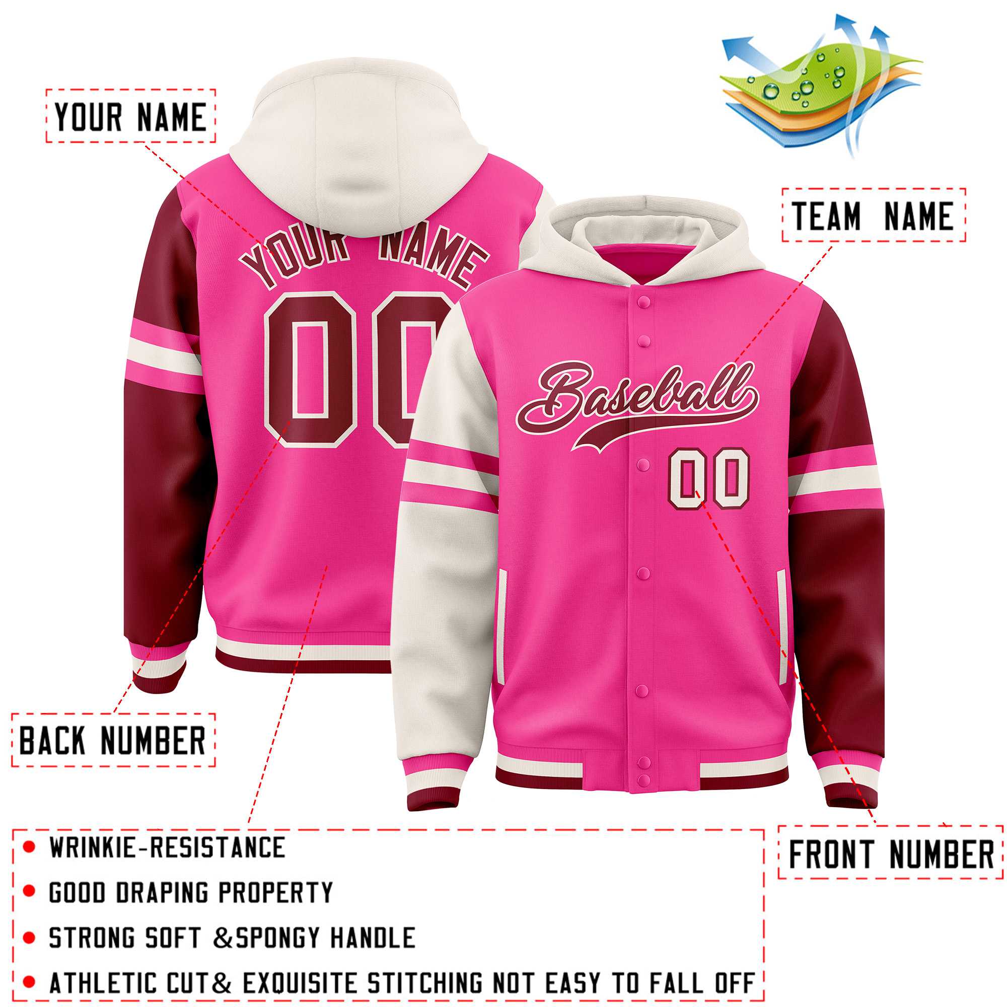 Custom Pink Cream-Crimson Raglan Sleeves Varsity Full-Snap Letterman Three Stripes Jacket Hoodie| KXKSHOP